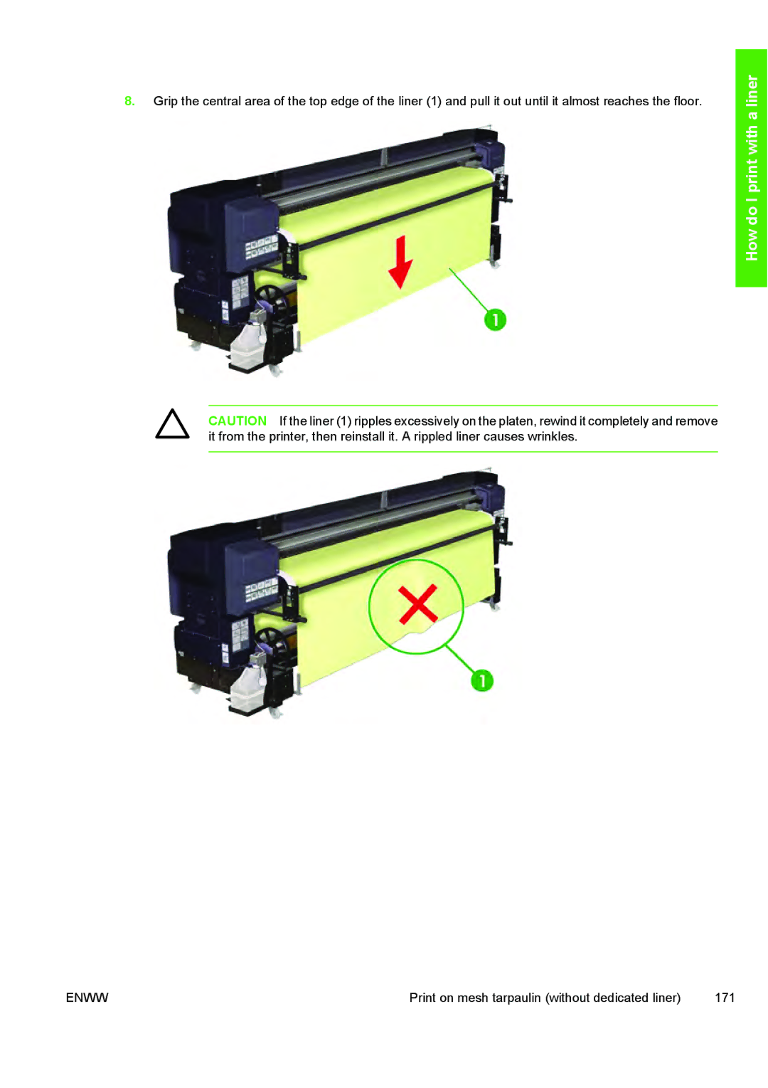 HP 10000s manual Print on mesh tarpaulin without dedicated liner 171 