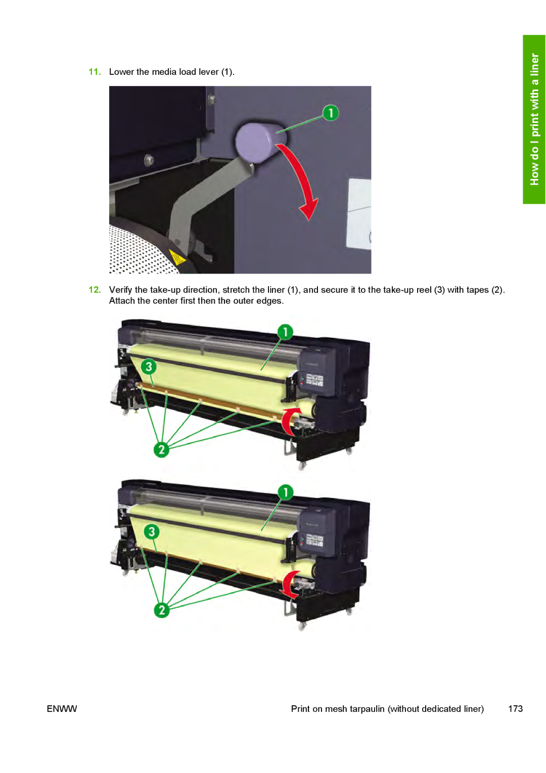 HP 10000s manual Print on mesh tarpaulin without dedicated liner 173 