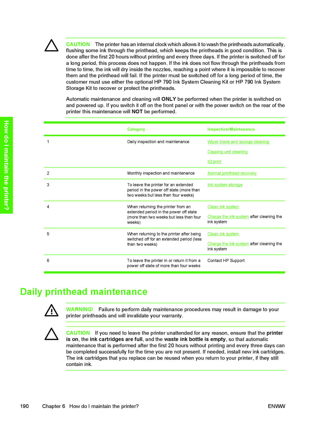 HP 10000s manual Daily printhead maintenance, Category Inspection/Maintenance 