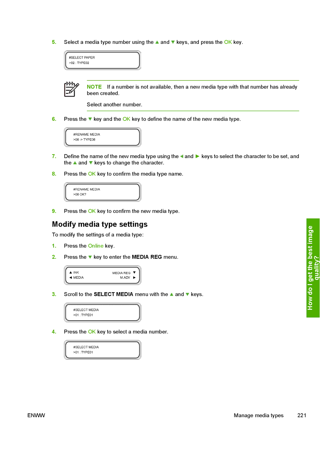 HP 10000s manual Modify media type settings 