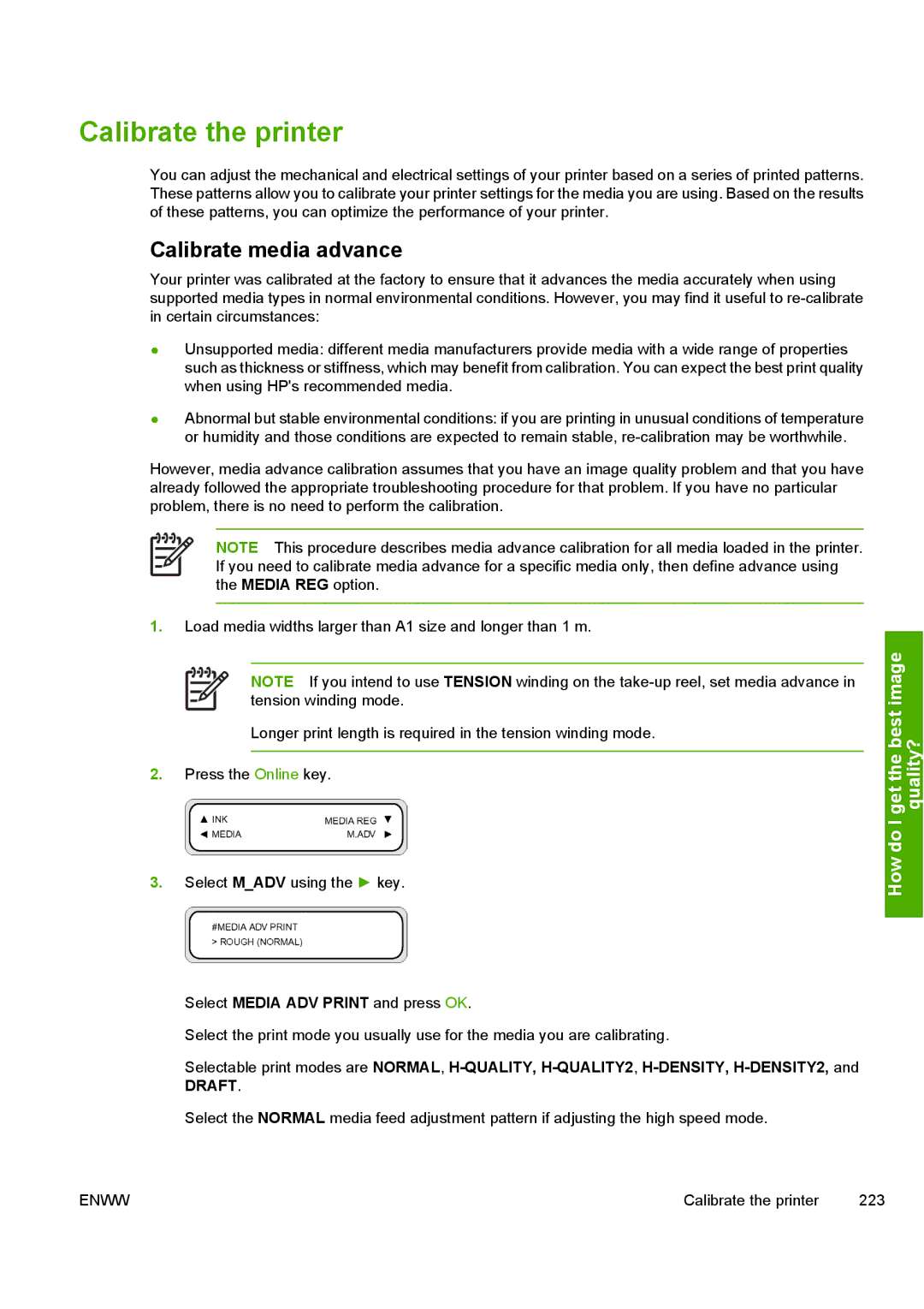 HP 10000s manual Calibrate the printer, Calibrate media advance 