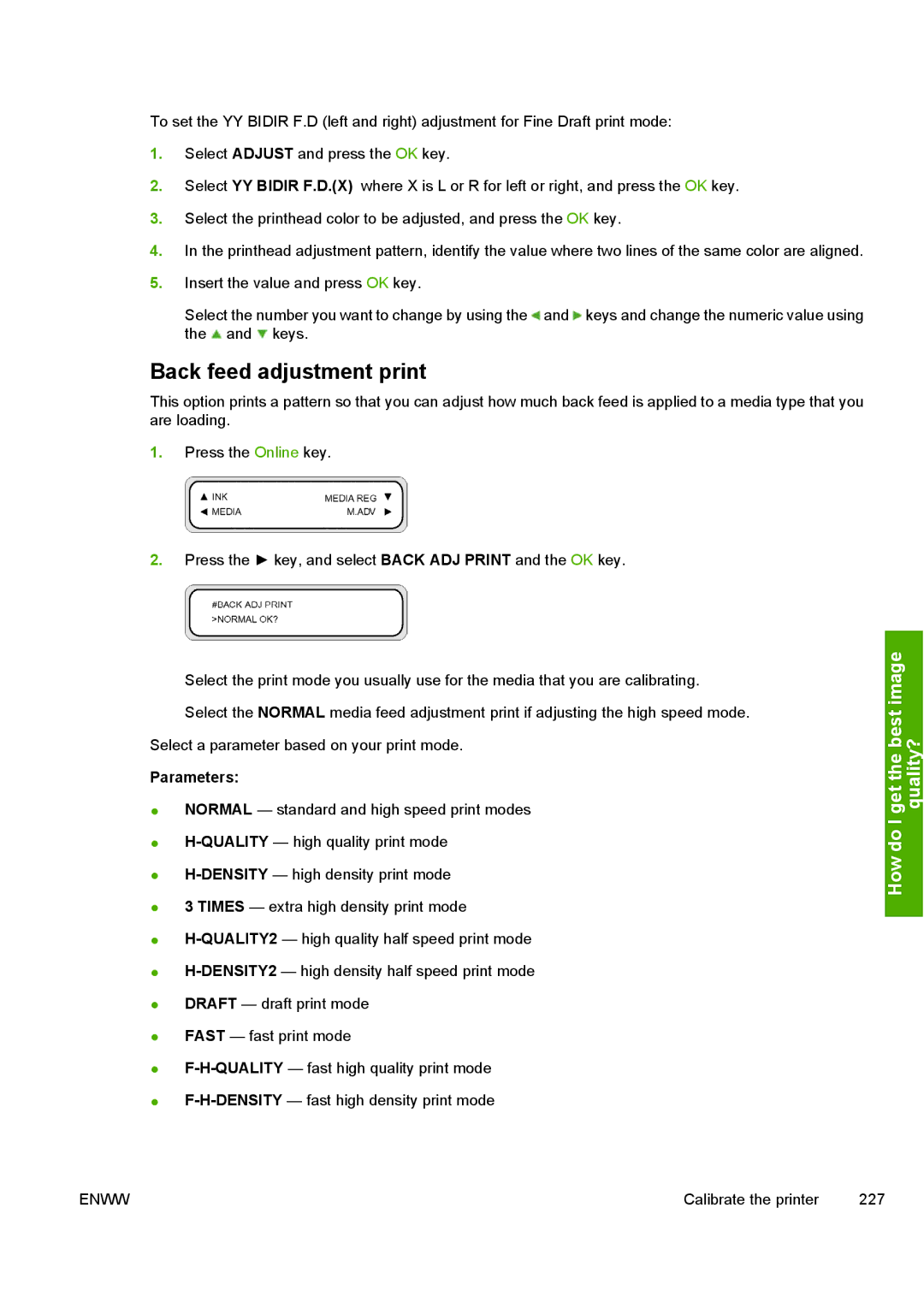 HP 10000s manual Back feed adjustment print, Parameters 