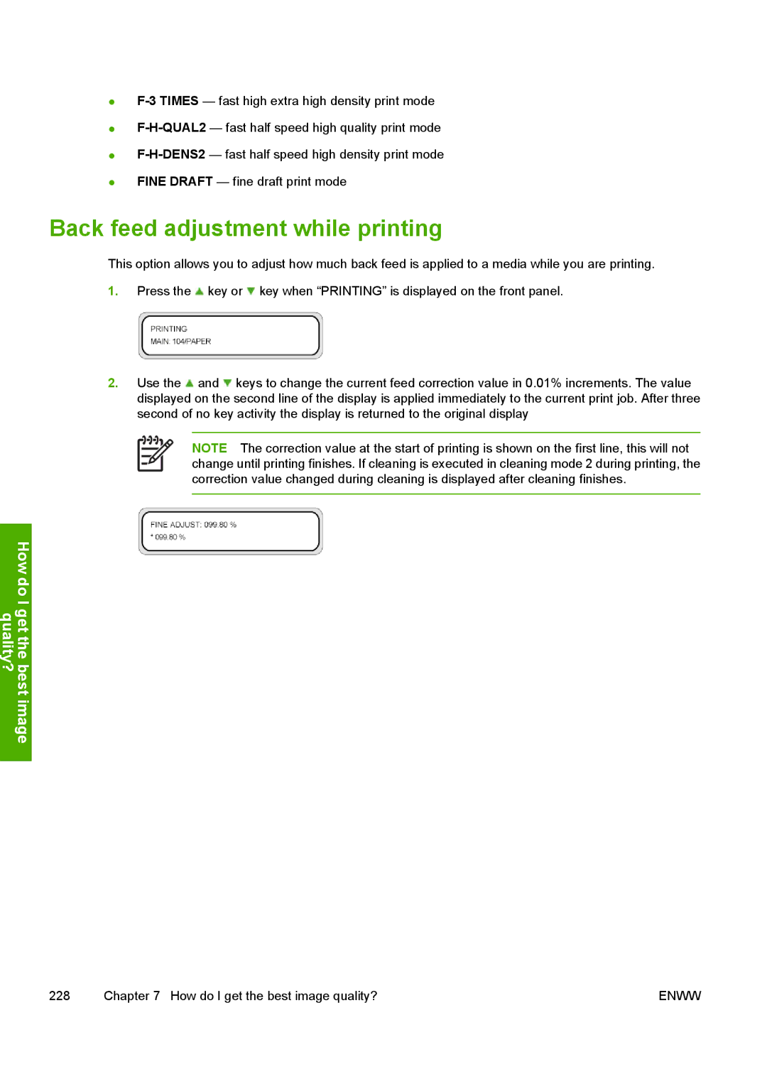 HP 10000s manual Back feed adjustment while printing 