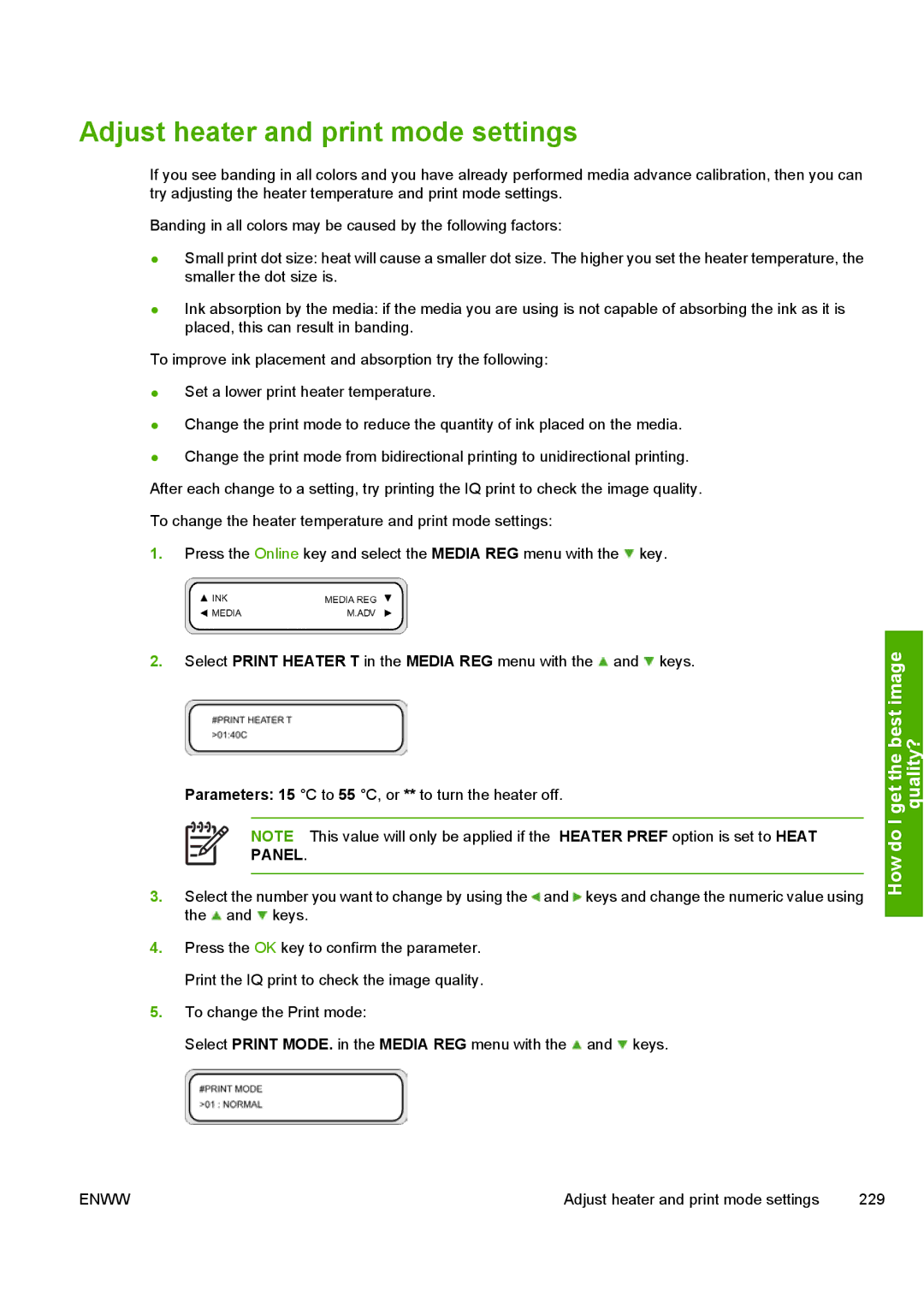 HP 10000s manual Adjust heater and print mode settings, Panel 