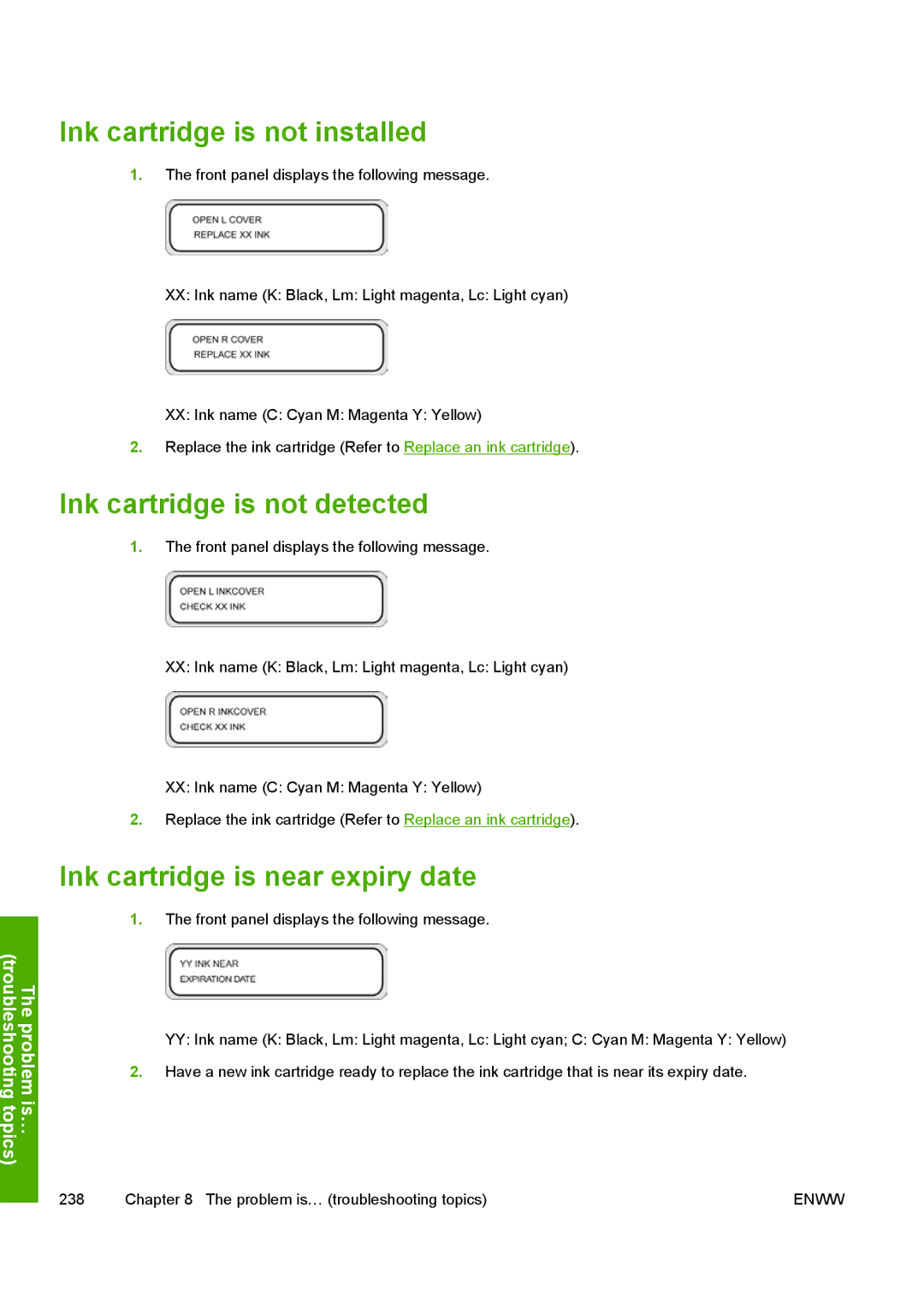 HP 10000s manual Ink cartridge is not installed, Ink cartridge is not detected, Ink cartridge is near expiry date 