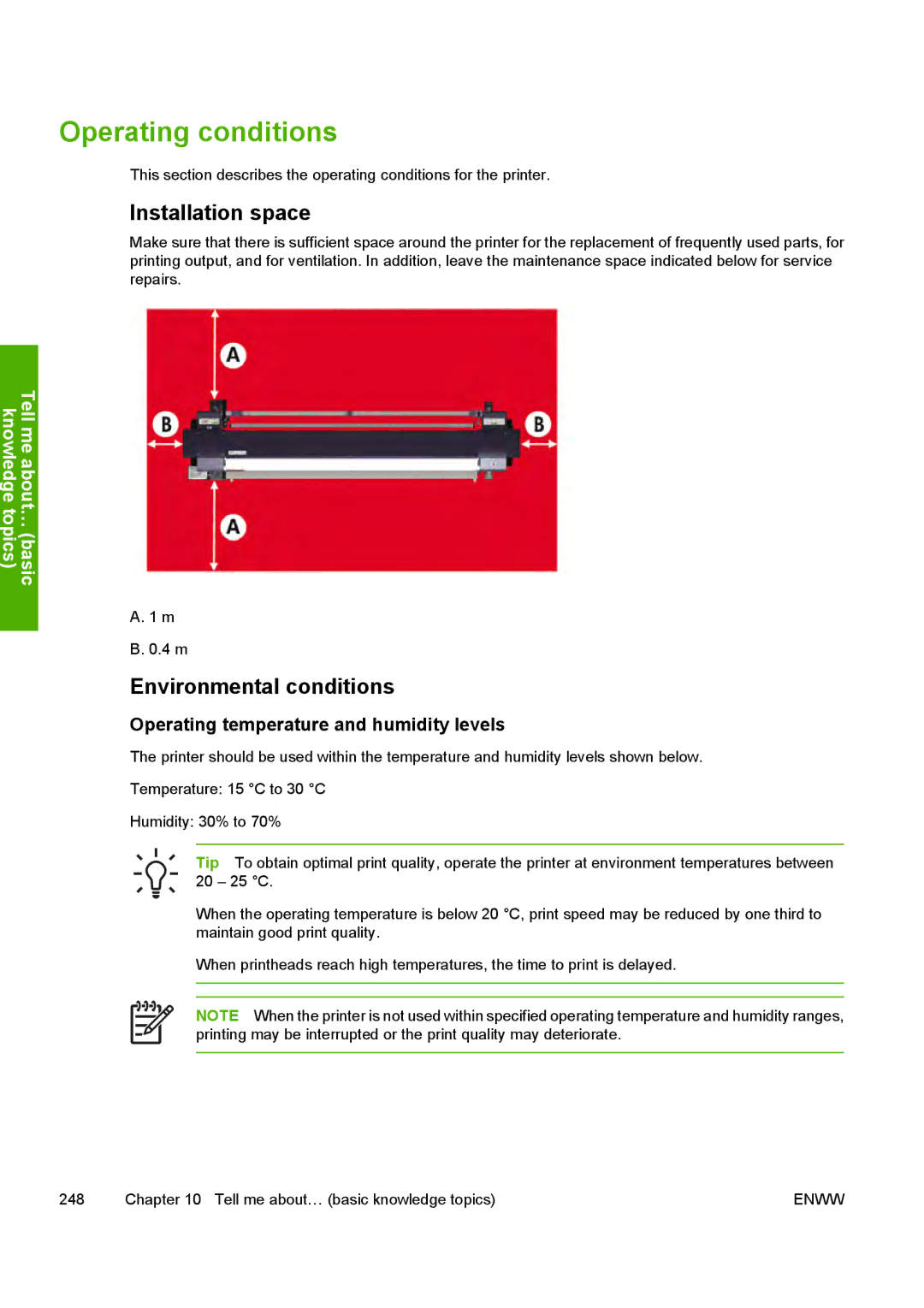 HP 10000s manual Operating conditions, Installation space, Environmental conditions 