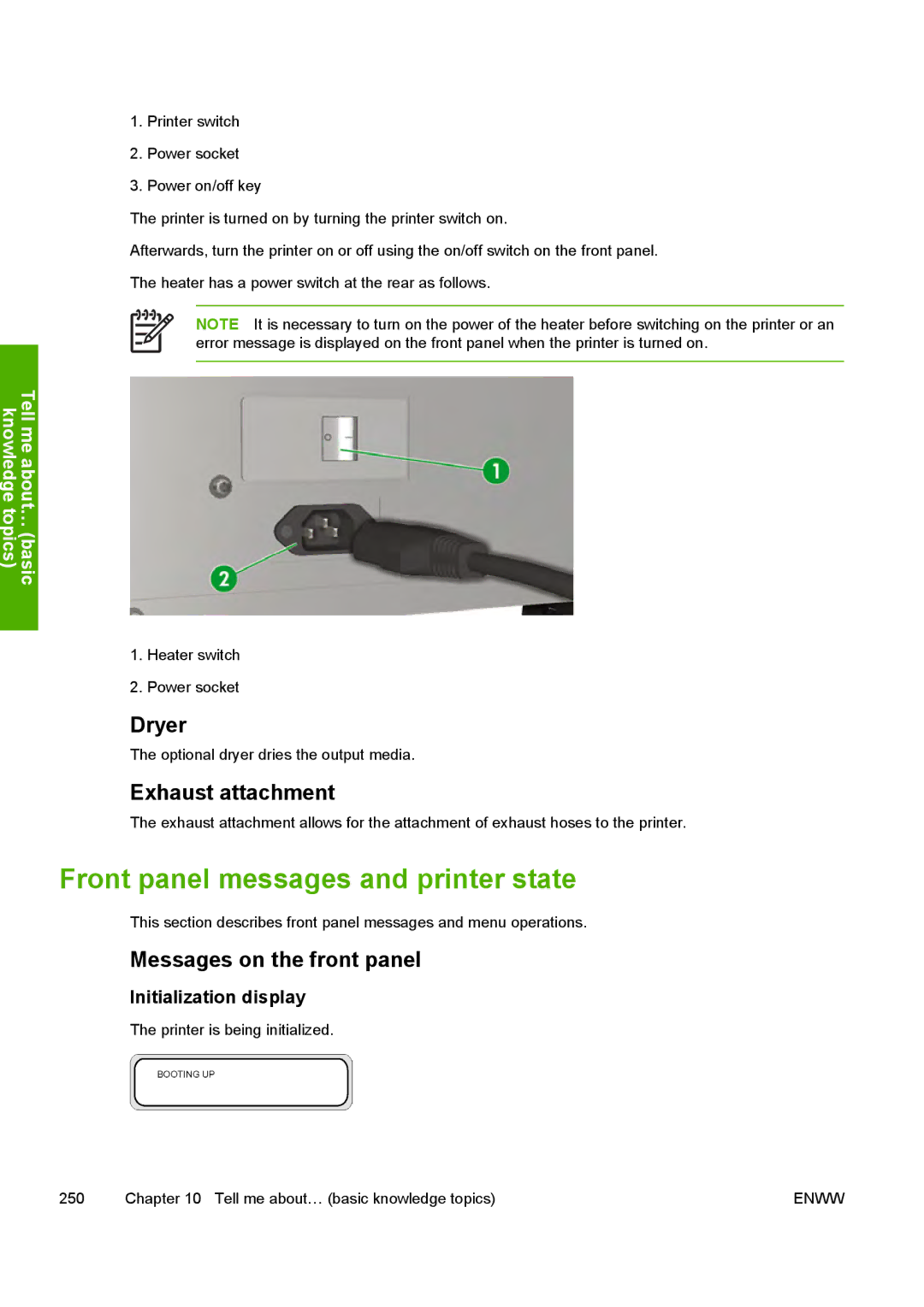 HP 10000s manual Front panel messages and printer state, Dryer, Exhaust attachment, Messages on the front panel 