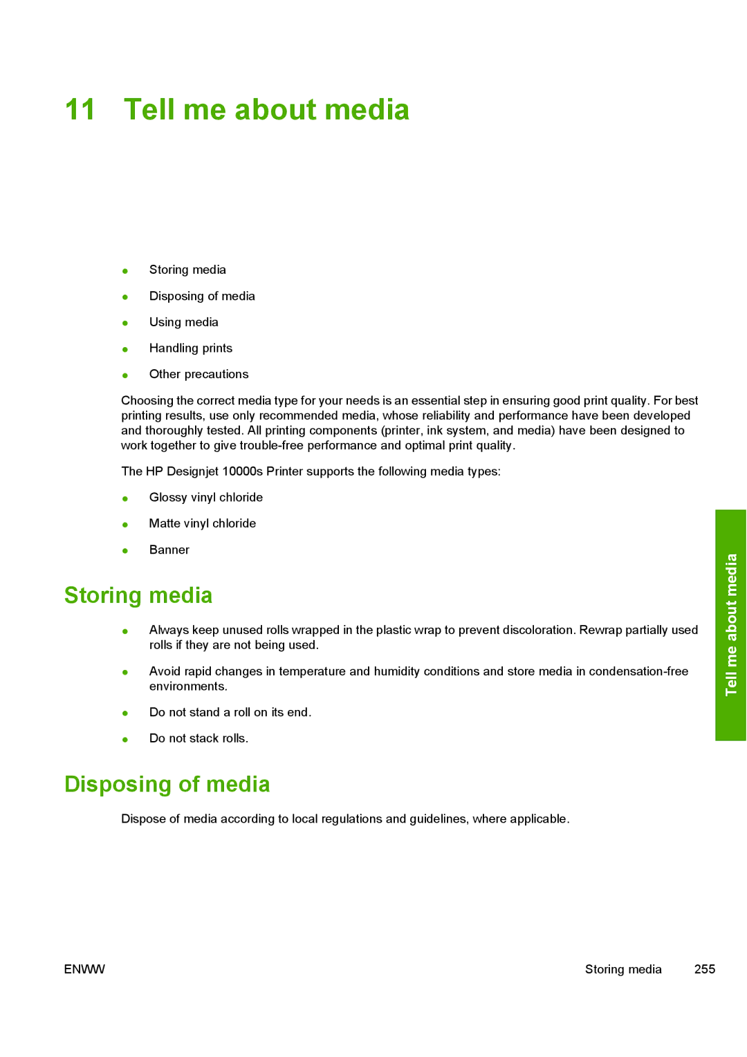 HP 10000s manual Tell me about media, Storing media, Disposing of media 