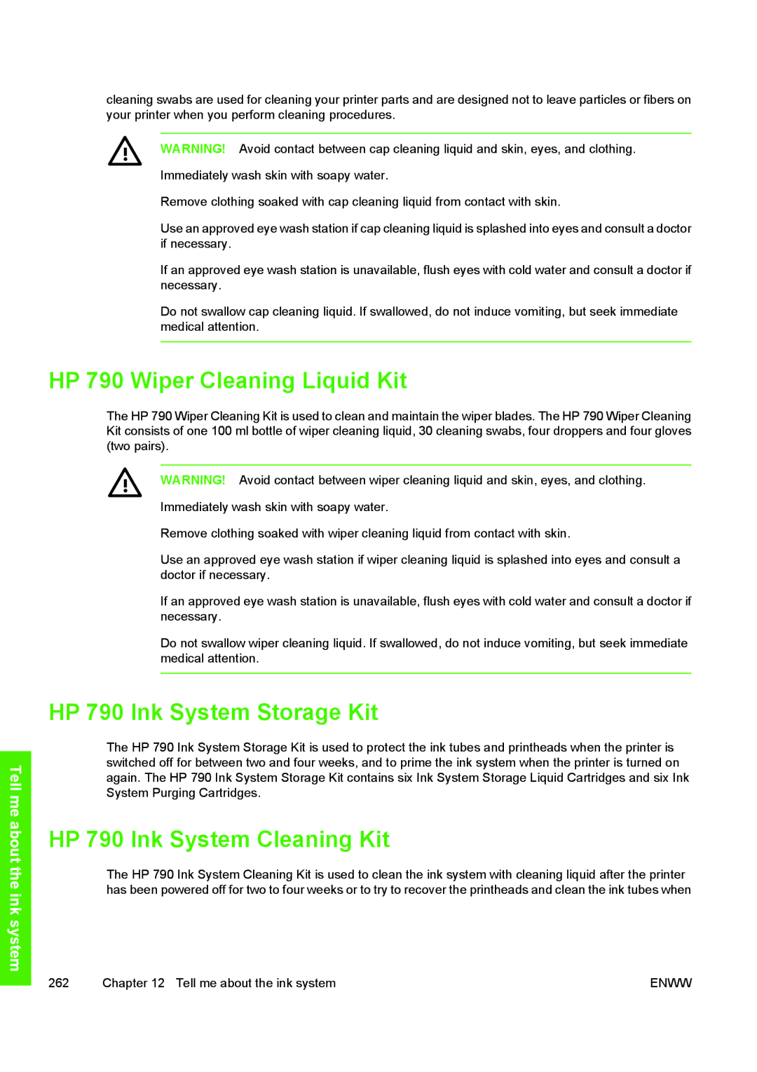 HP 10000s manual HP 790 Wiper Cleaning Liquid Kit, HP 790 Ink System Storage Kit, HP 790 Ink System Cleaning Kit 