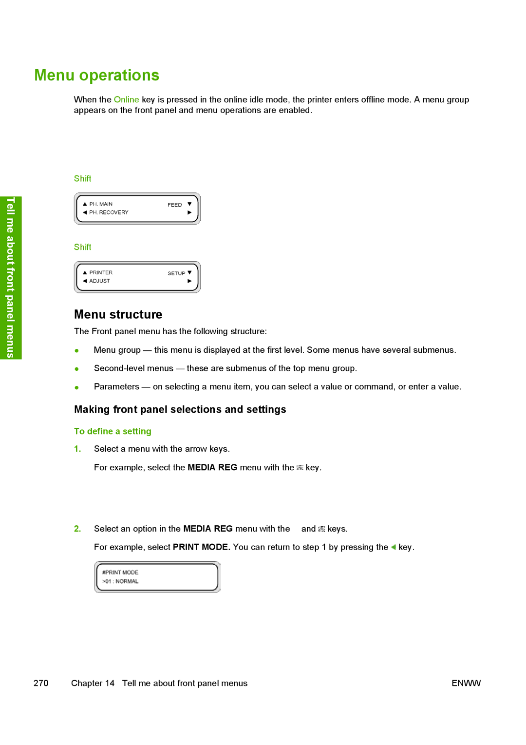 HP 10000s manual Menu operations, Menu structure 