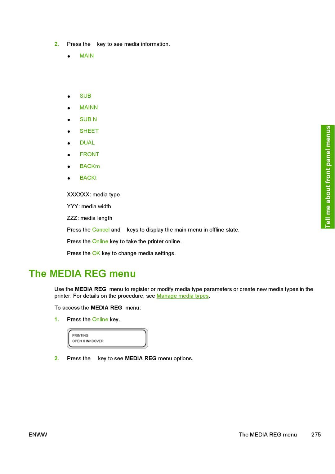 HP 10000s manual Media REG menu, Main SUB Mainn SUB N Sheet Dual Front 