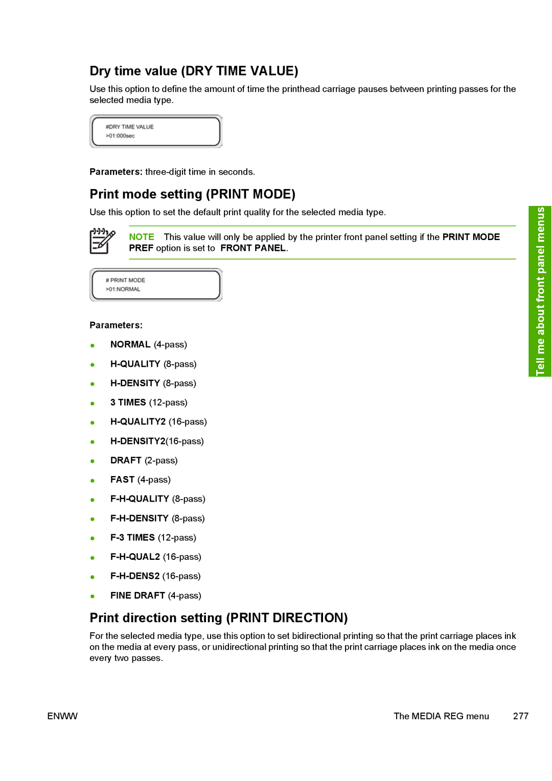 HP 10000s manual Dry time value DRY Time Value, Print mode setting Print Mode, Print direction setting Print Direction 