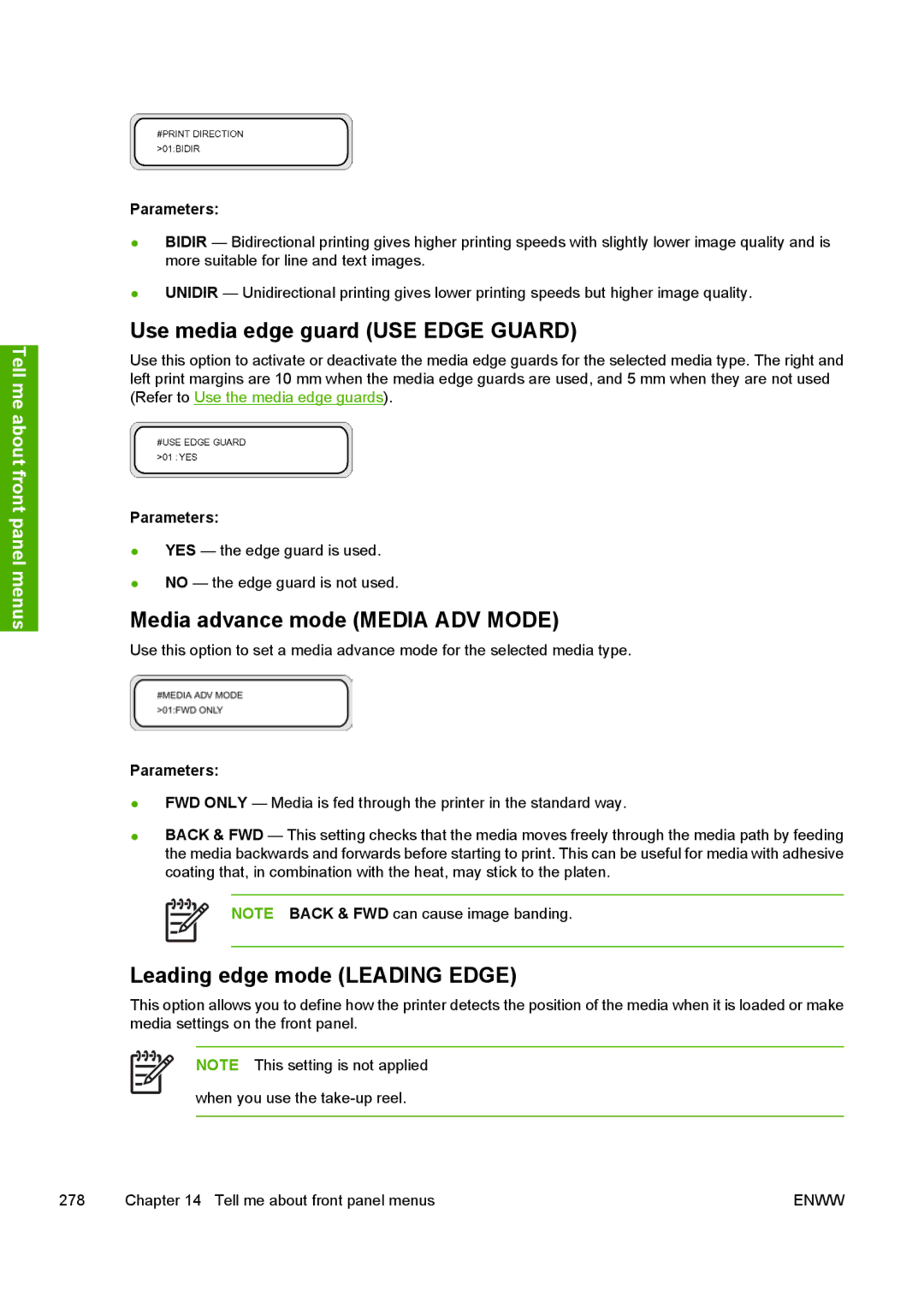 HP 10000s manual Use media edge guard USE Edge Guard, Media advance mode Media ADV Mode, Leading edge mode Leading Edge 