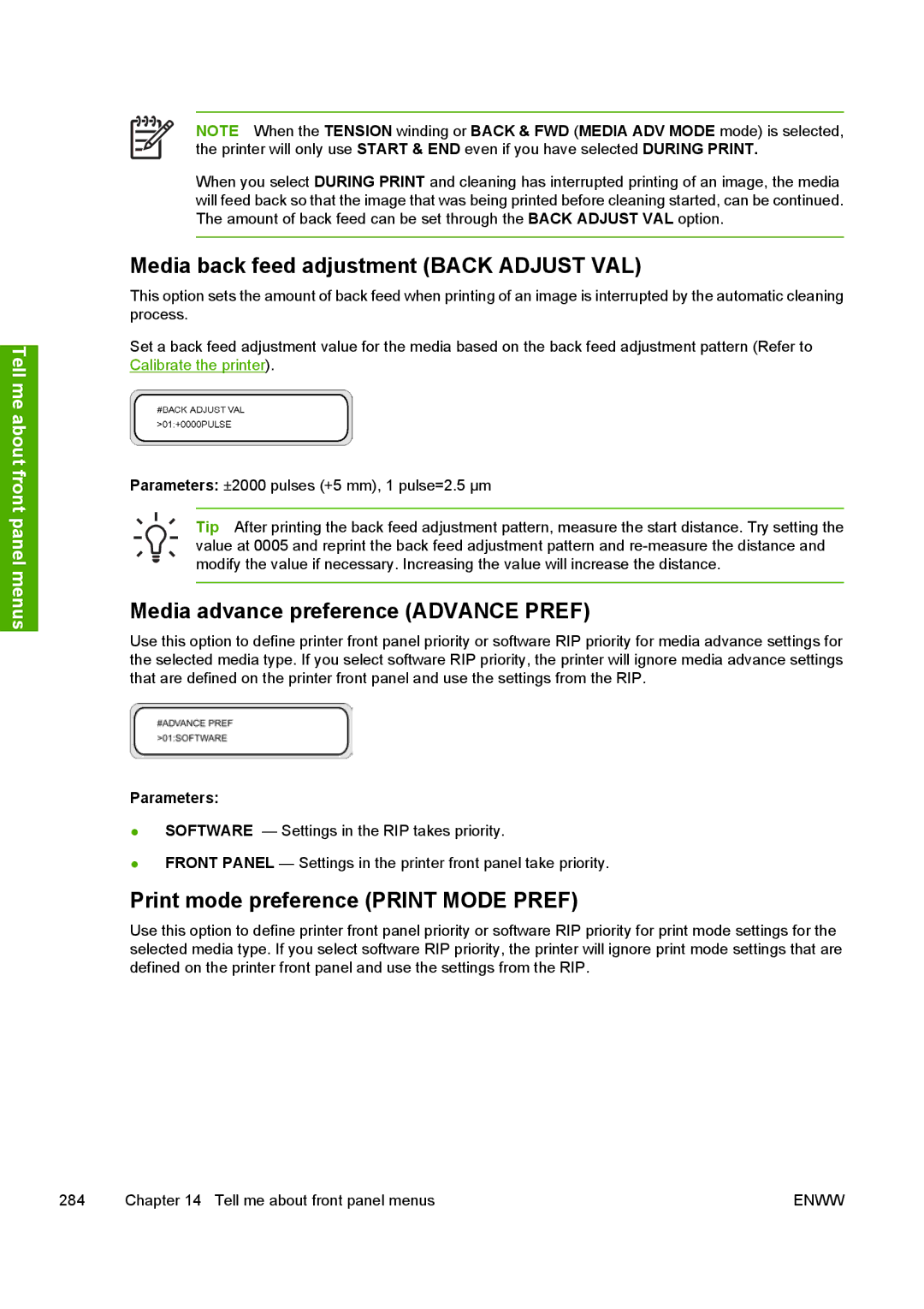 HP 10000s manual Media back feed adjustment Back Adjust VAL, Media advance preference Advance Pref 