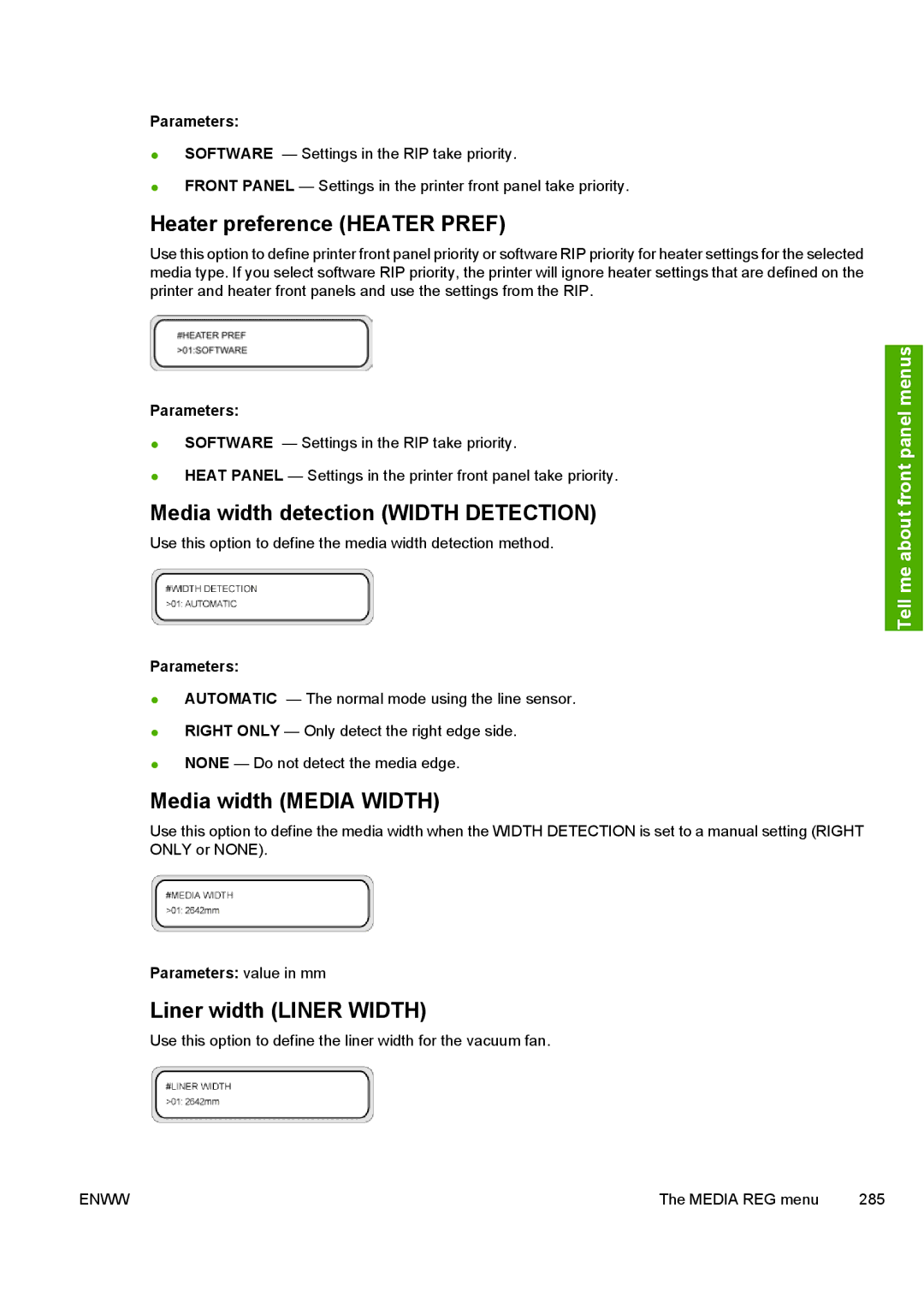 HP 10000s manual Heater preference Heater Pref, Media width detection Width Detection, Media width Media Width 