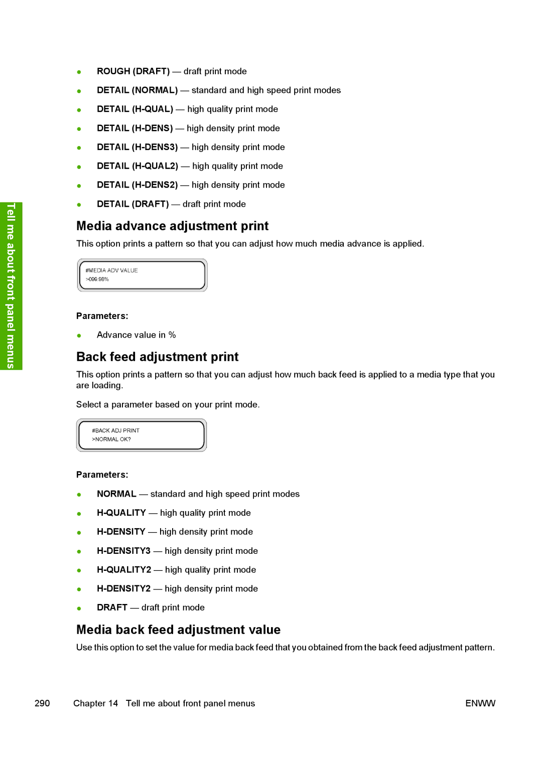 HP 10000s manual Media advance adjustment print, Media back feed adjustment value 