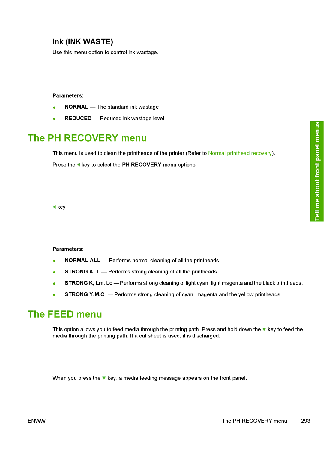 HP 10000s manual PH Recovery menu, Feed menu, Ink INK Waste 