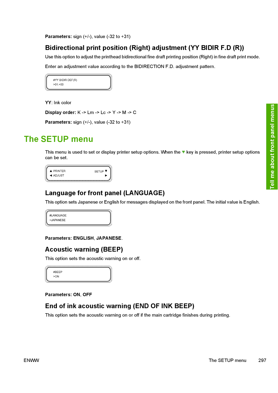 HP 10000s manual Setup menu, Language for front panel Language, Acoustic warning Beep 