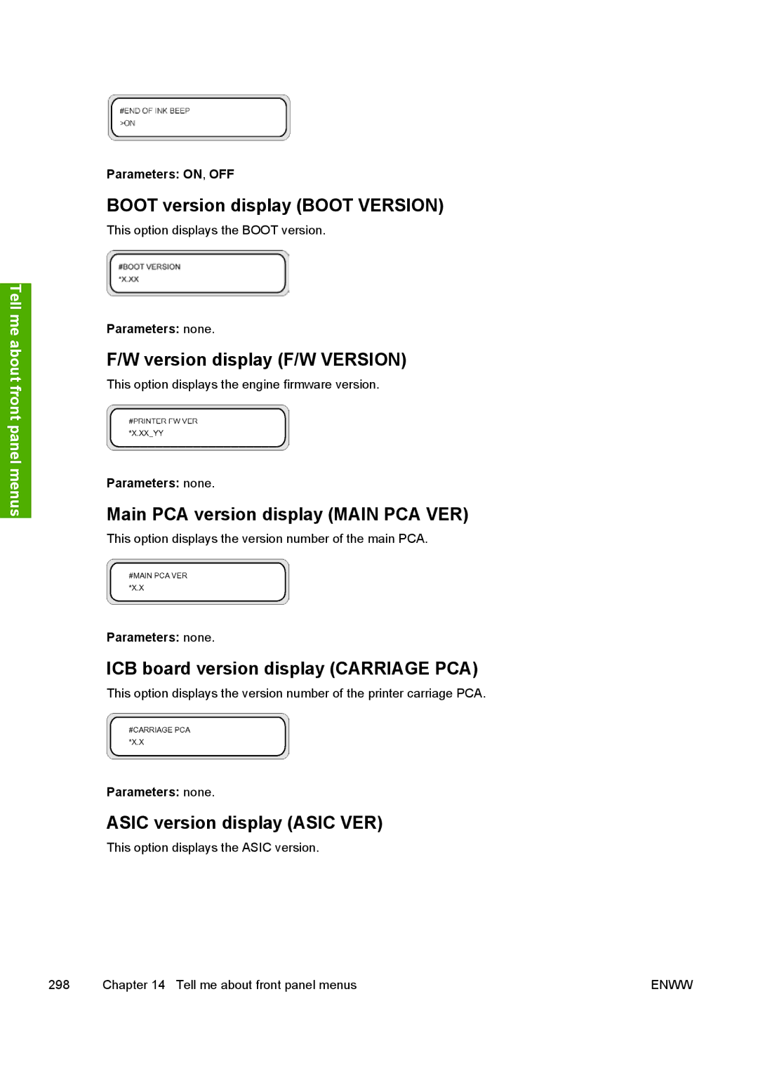 HP 10000s manual Boot version display Boot Version, Version display F/W Version, Main PCA version display Main PCA VER 