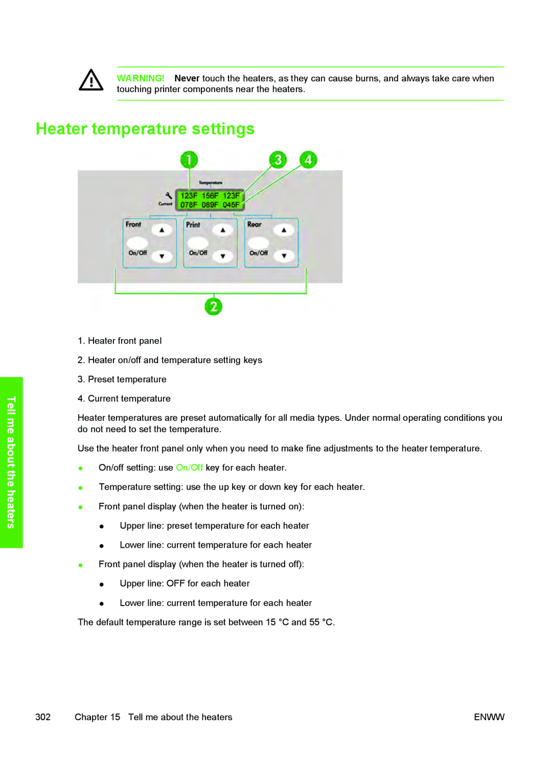 HP 10000s manual Heater temperature settings 