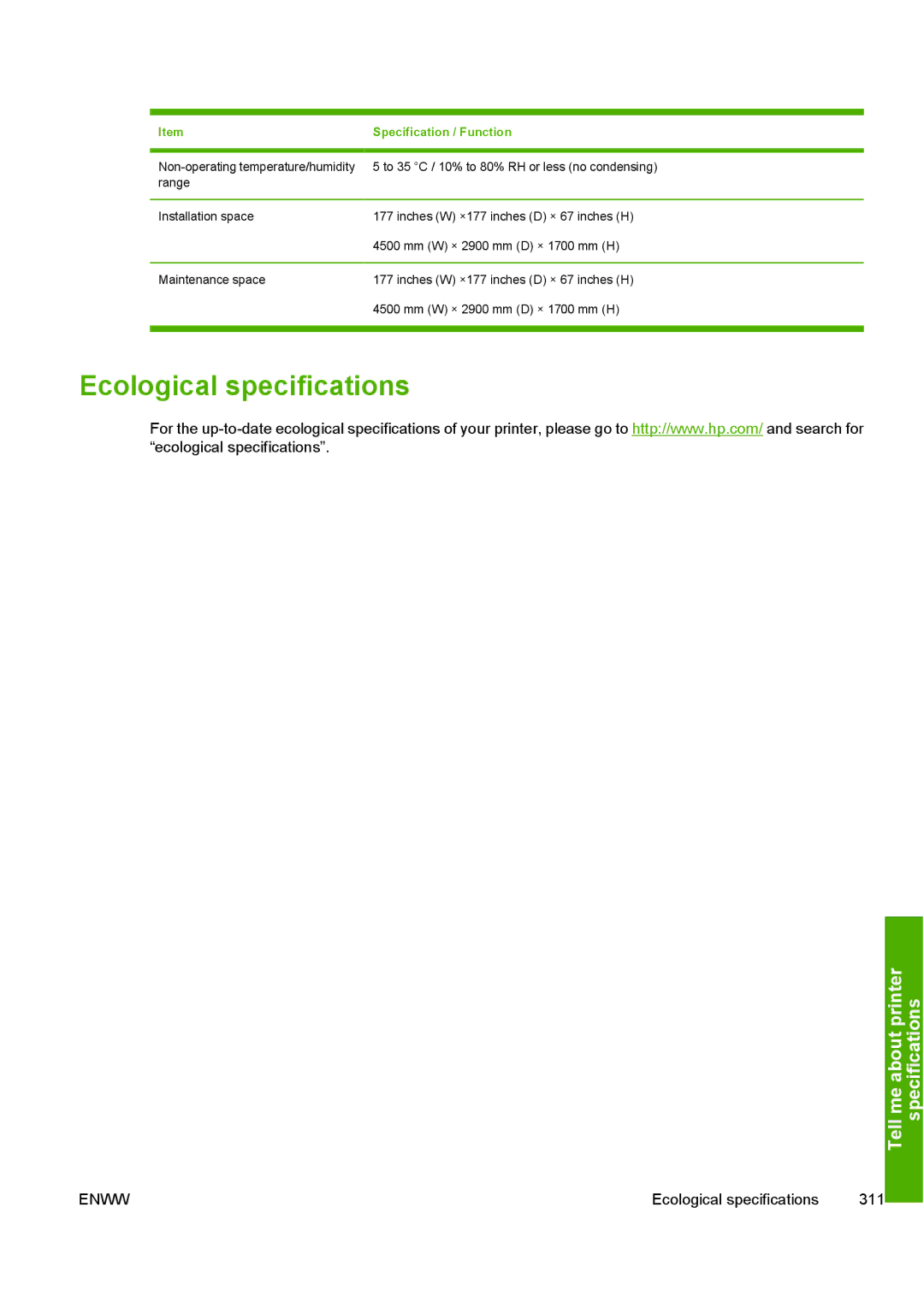 HP 10000s manual Ecological specifications 