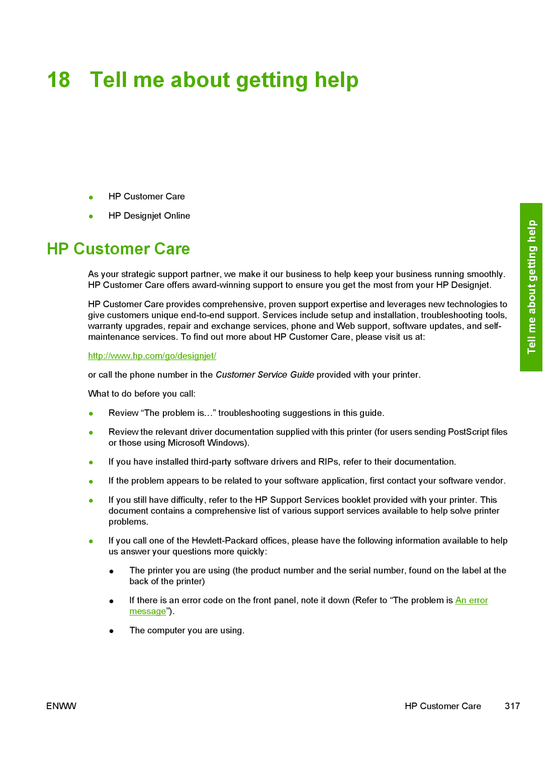 HP 10000s manual Tell me about getting help, HP Customer Care 