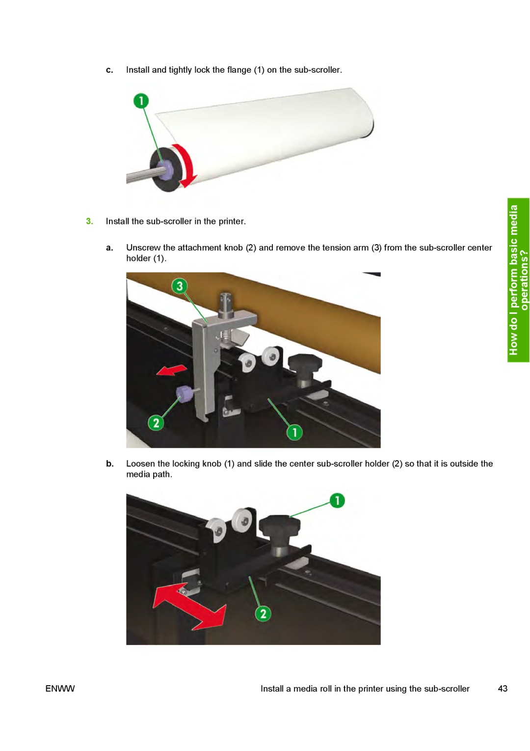 HP 10000s manual Install a media roll in the printer using the sub-scroller 