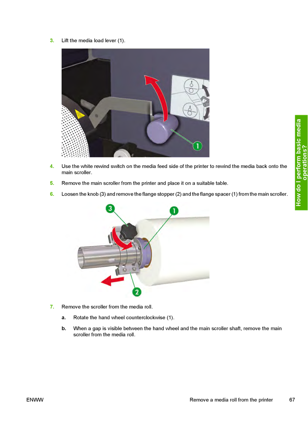 HP 10000s manual Remove a media roll from the printer 