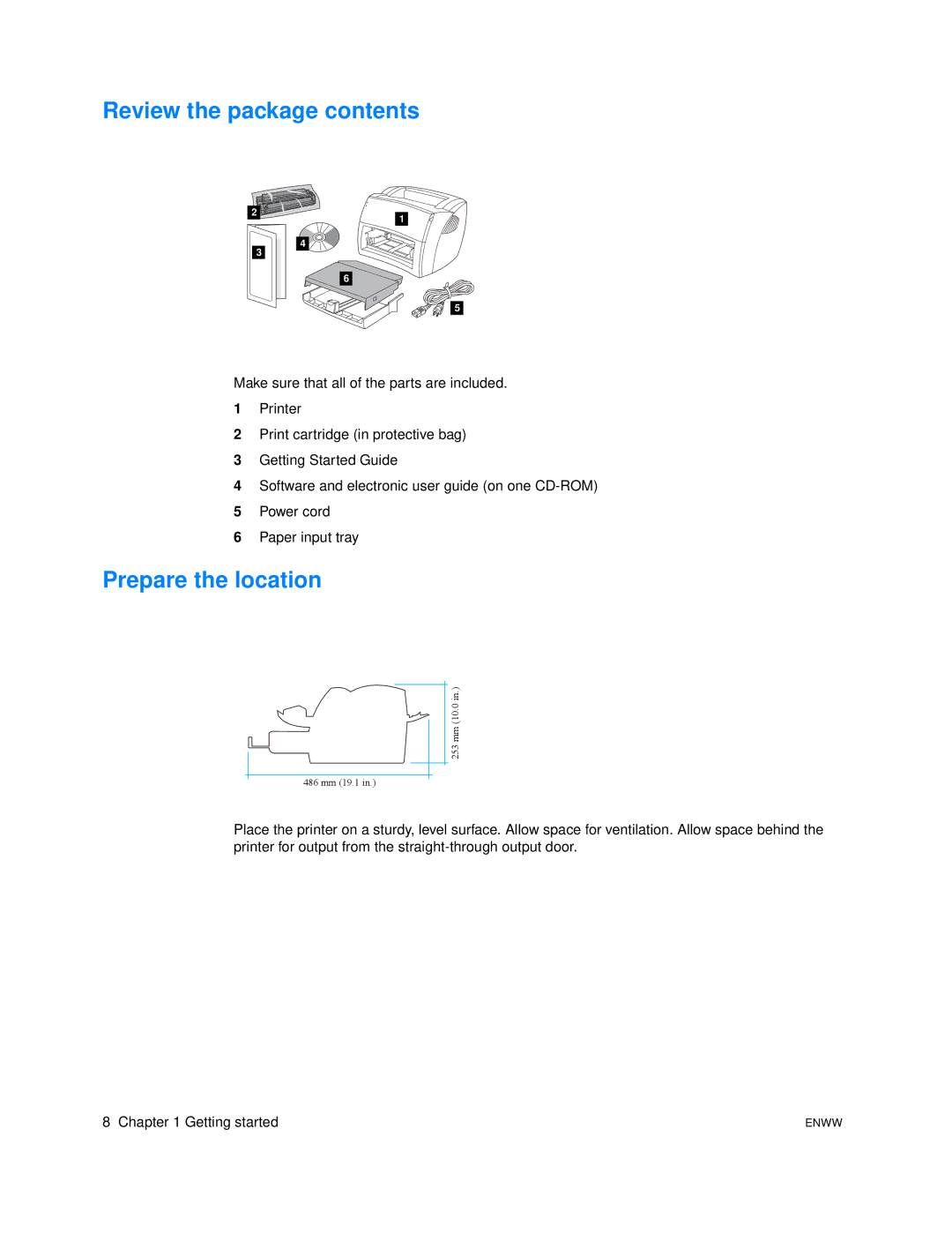 HP 1005 manual Review the package contents, Prepare the location 