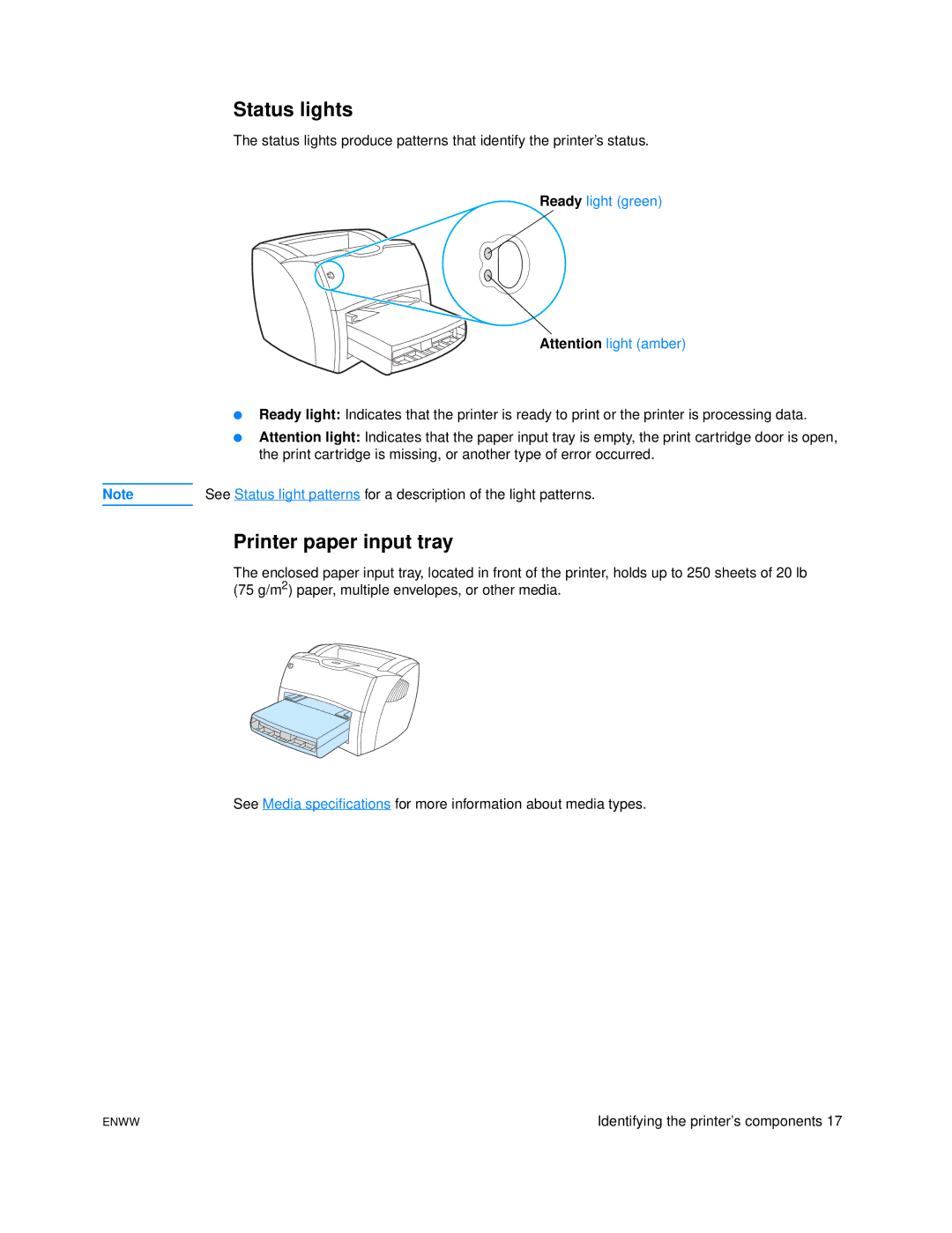 HP 1005 manual Status lights, Printer paper input tray 