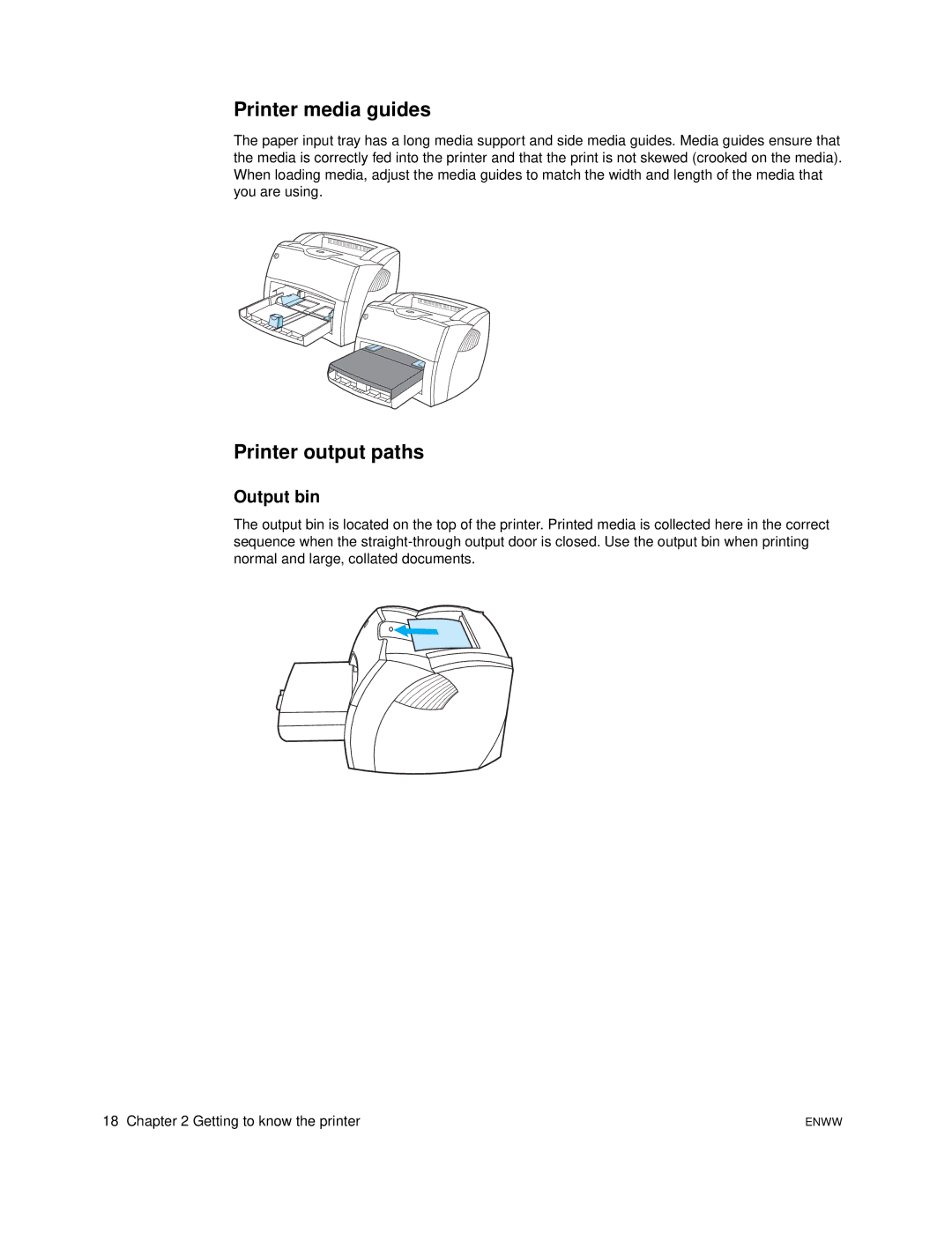 HP 1005 manual Printer media guides, Printer output paths, Output bin 