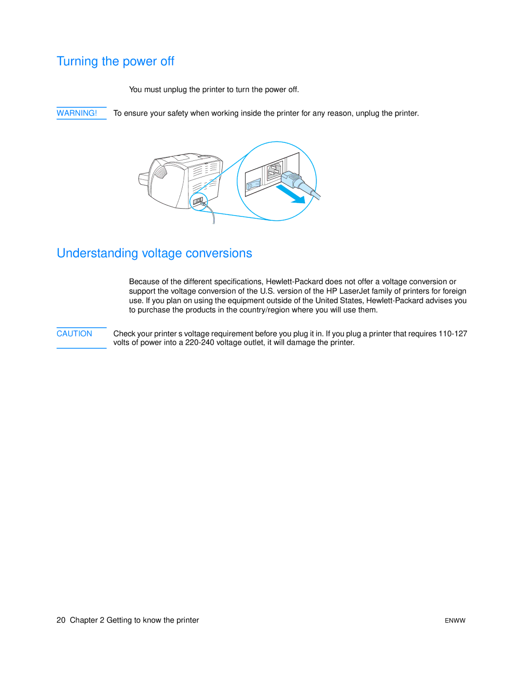 HP 1005 manual Turning the power off, Understanding voltage conversions 