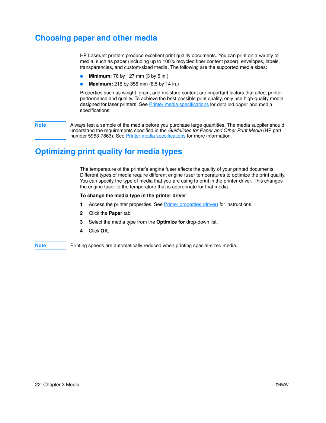 HP 1005 manual Choosing paper and other media, Optimizing print quality for media types 