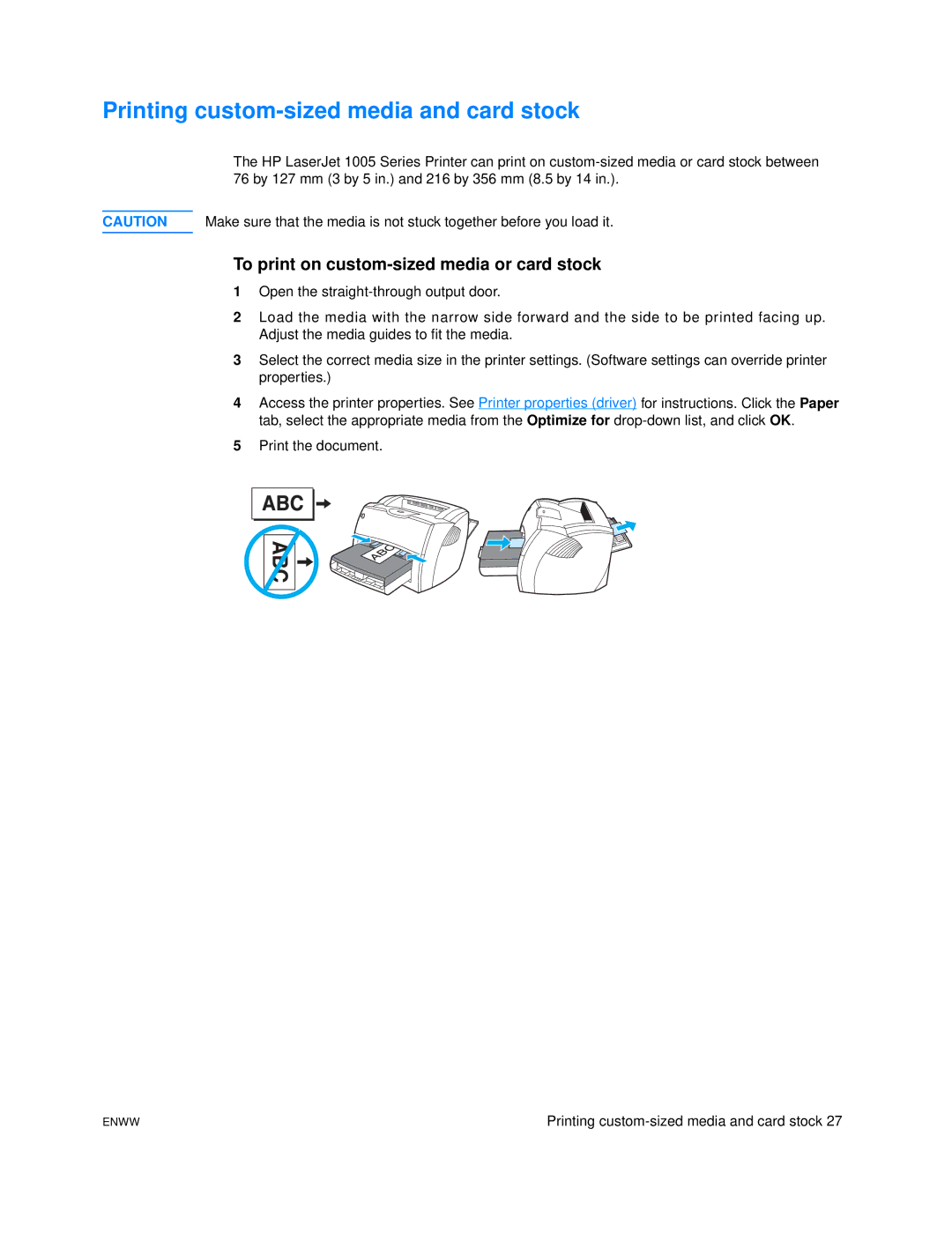 HP 1005 manual Printing custom-sized media and card stock, To print on custom-sized media or card stock 