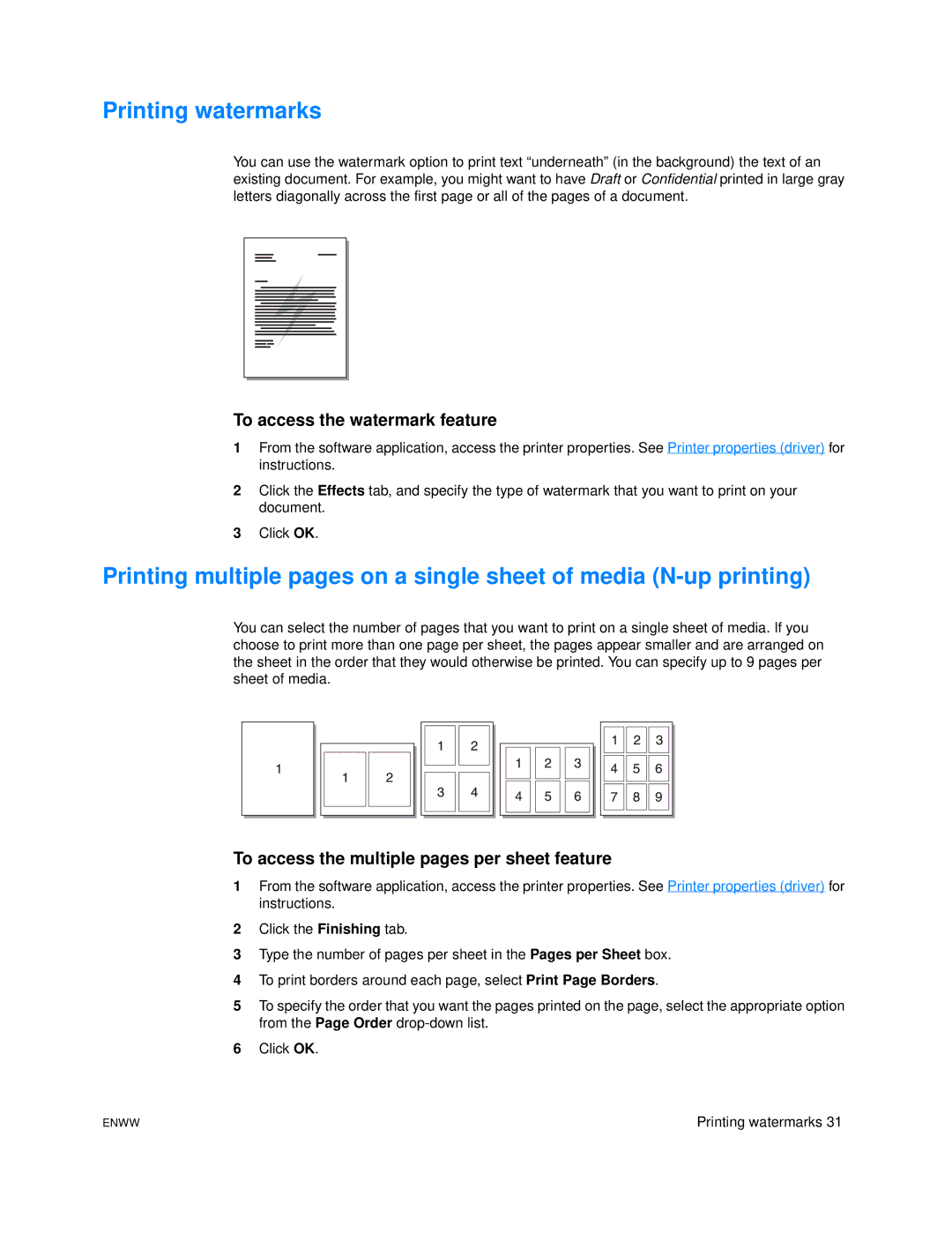 HP 1005 manual Printing watermarks, To access the watermark feature, To access the multiple pages per sheet feature 