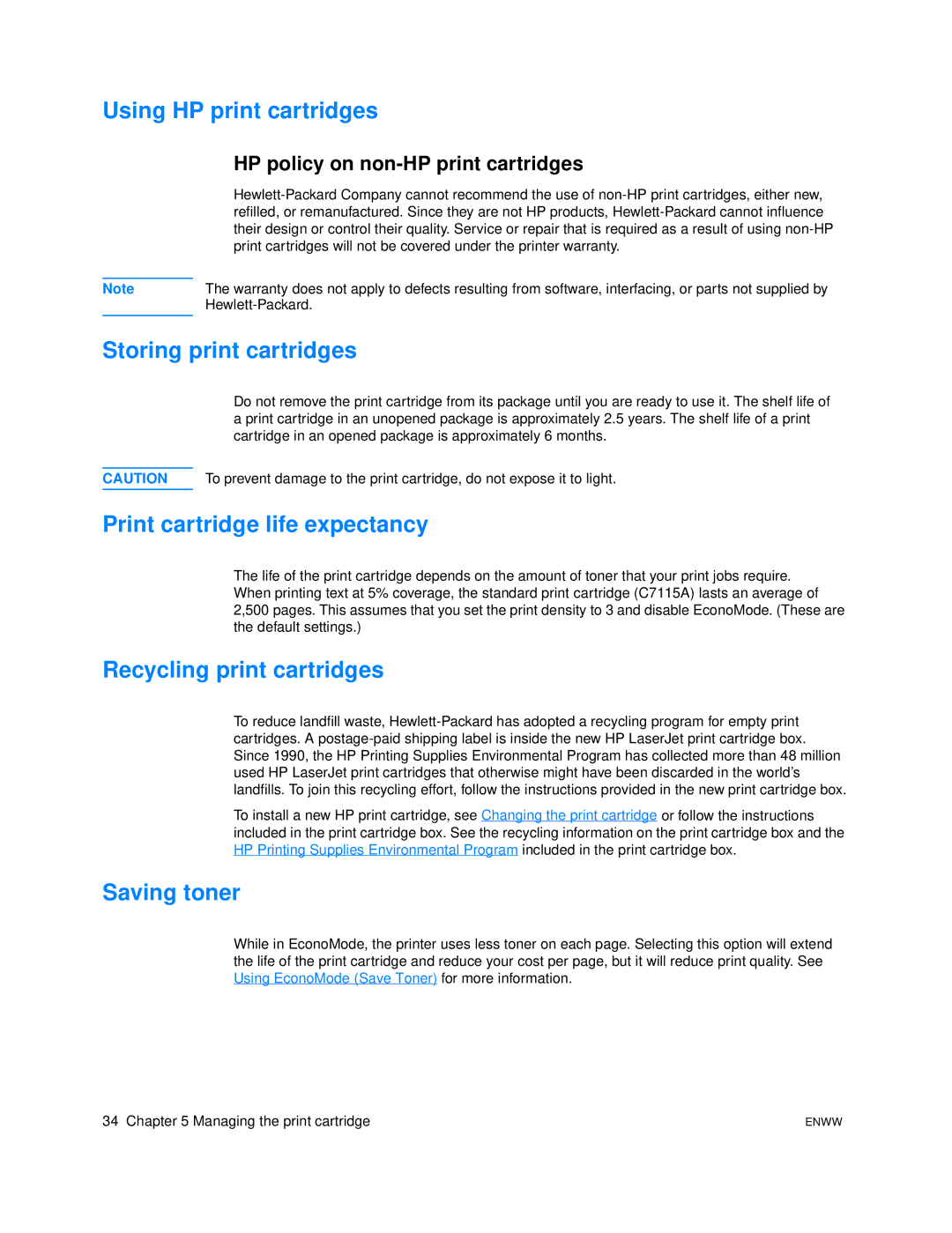 HP 1005 Using HP print cartridges, Storing print cartridges, Print cartridge life expectancy, Recycling print cartridges 