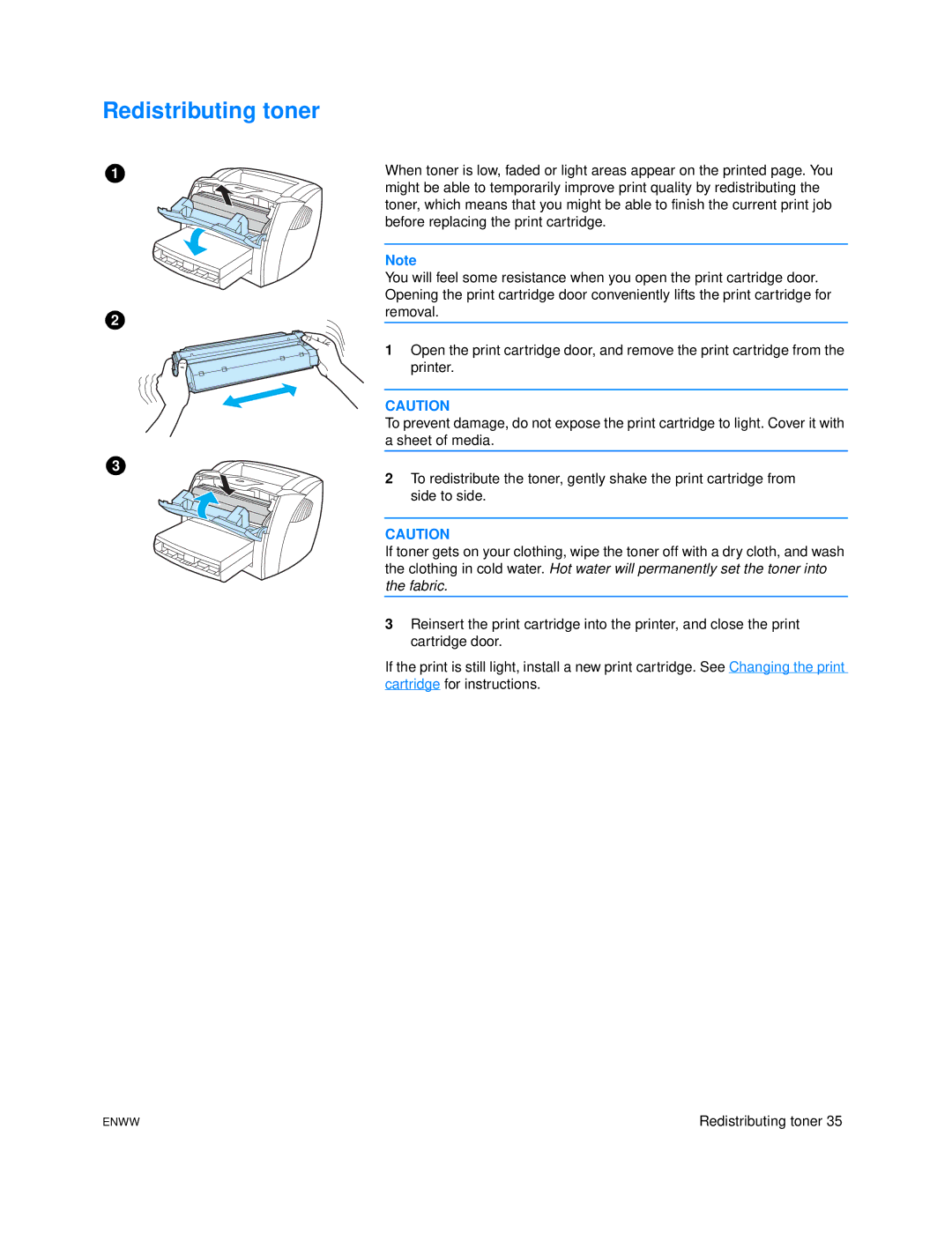 HP 1005 manual Redistributing toner 