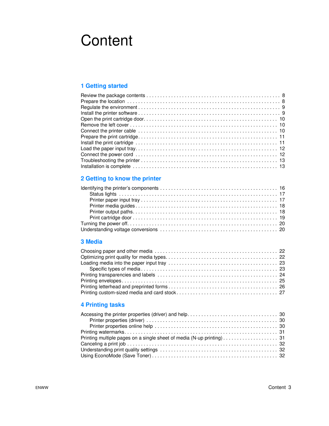 HP 1005 manual Content, Getting started 