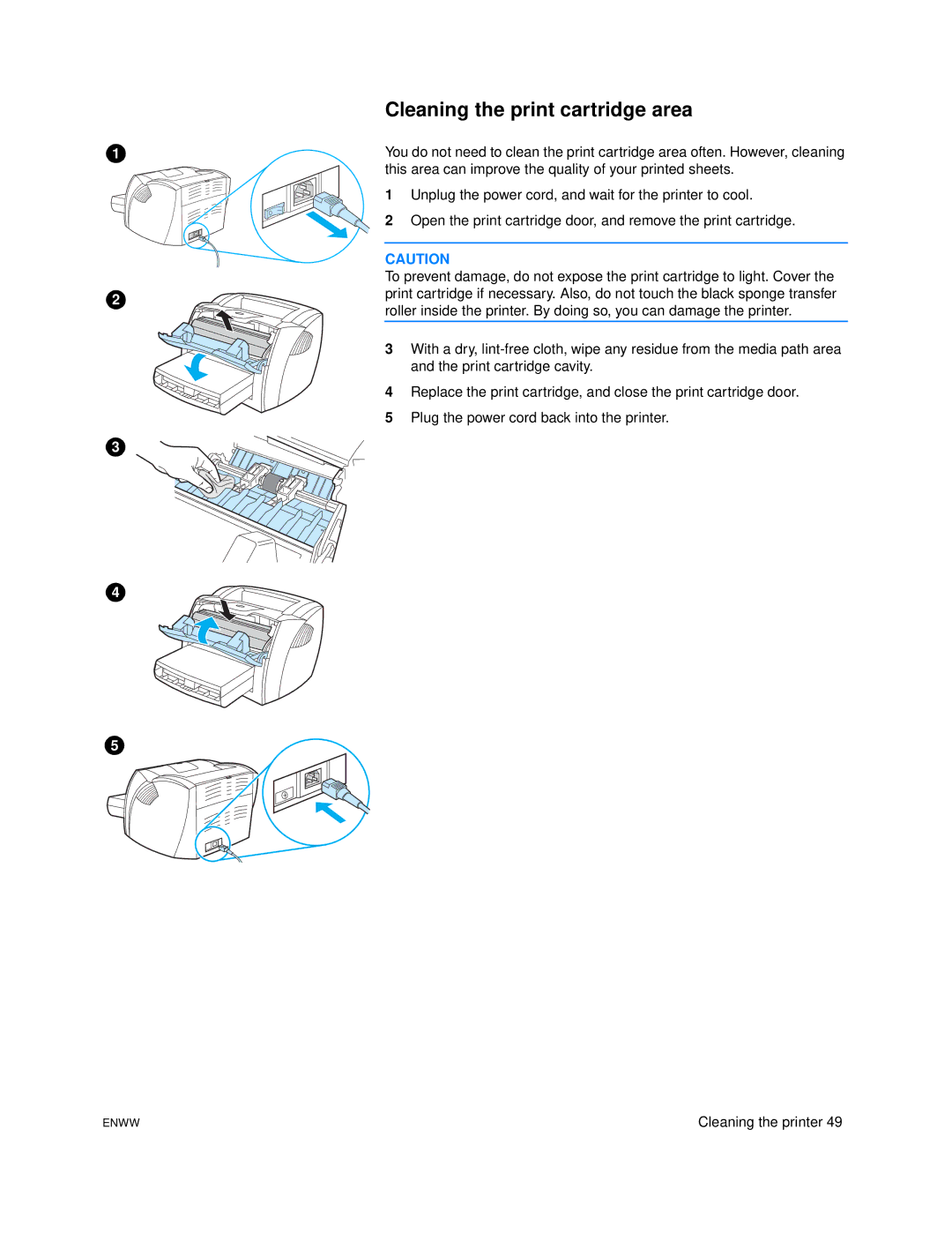 HP 1005 manual Cleaning the print cartridge area 