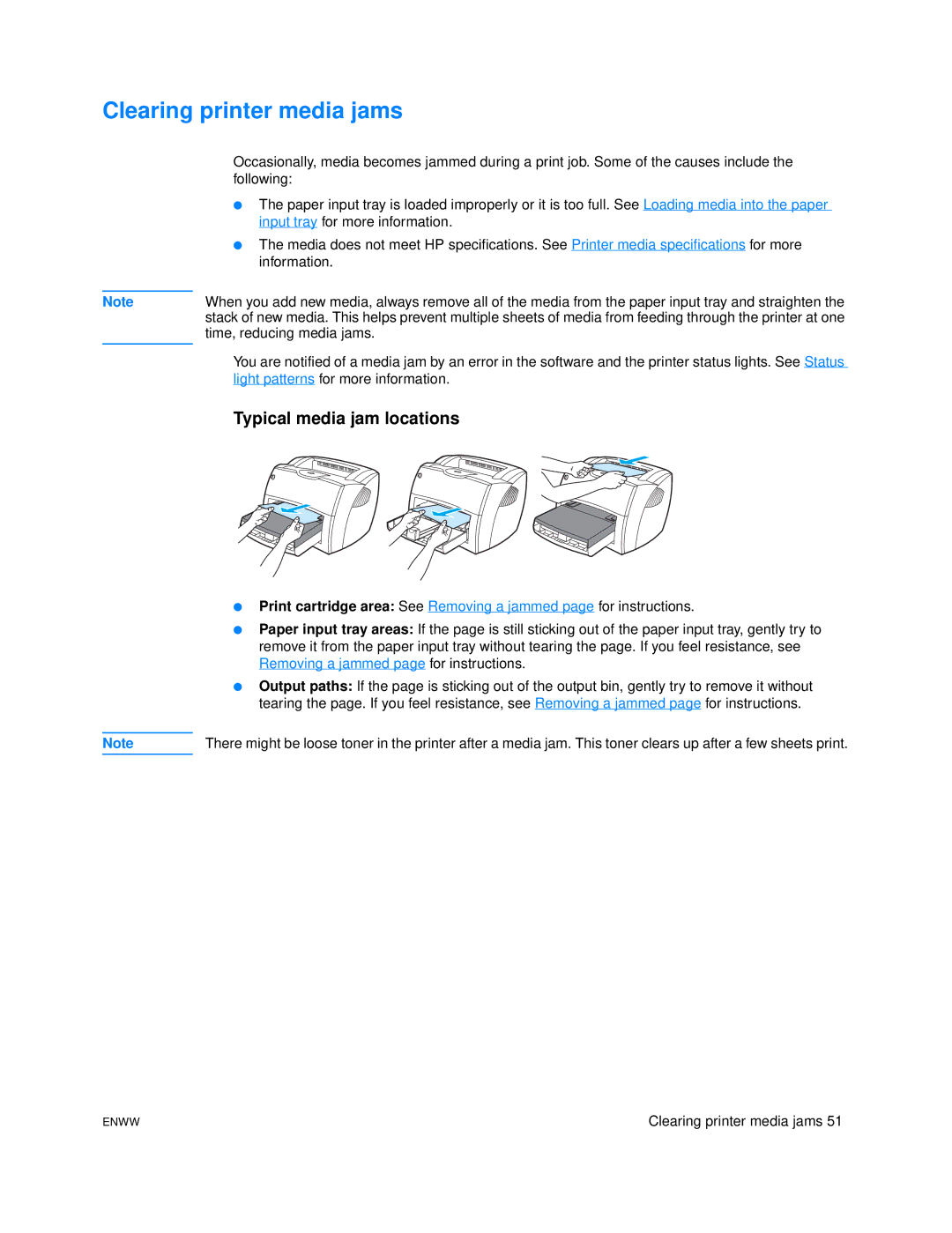 HP 1005 manual Clearing printer media jams, Typical media jam locations 