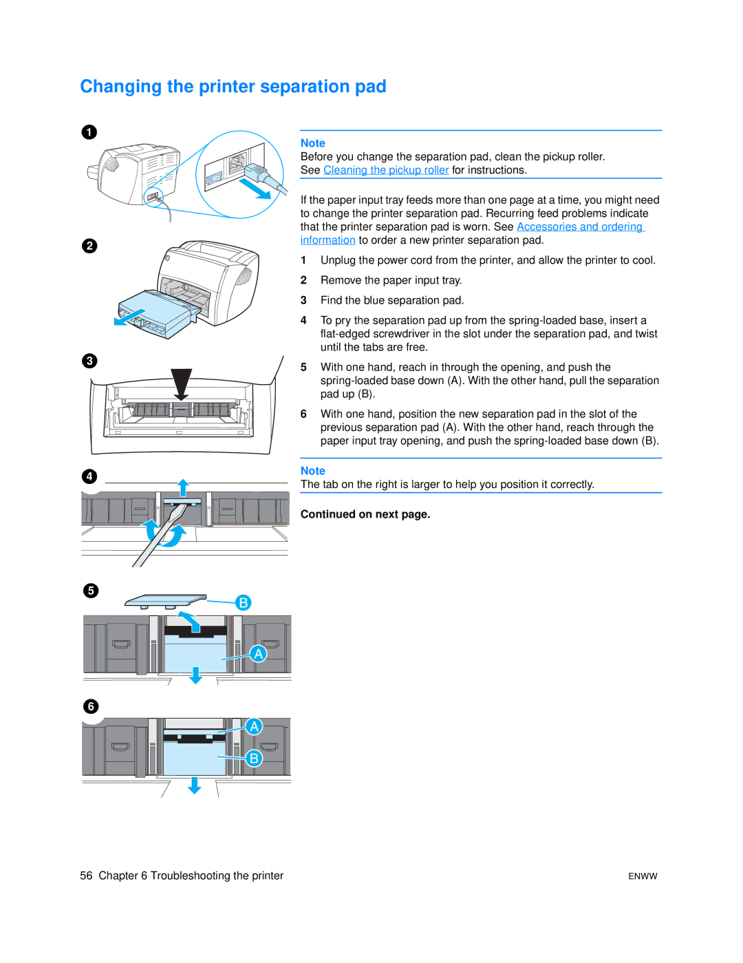 HP 1005 manual Changing the printer separation pad, On next 