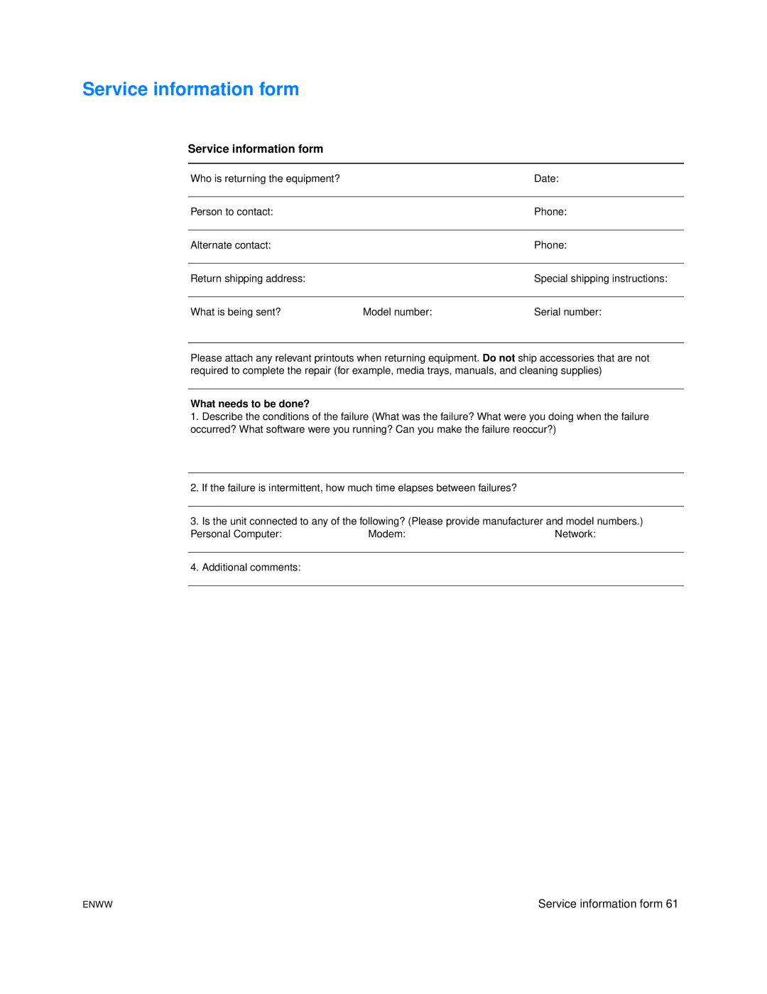 HP 1005 manual Service information form 