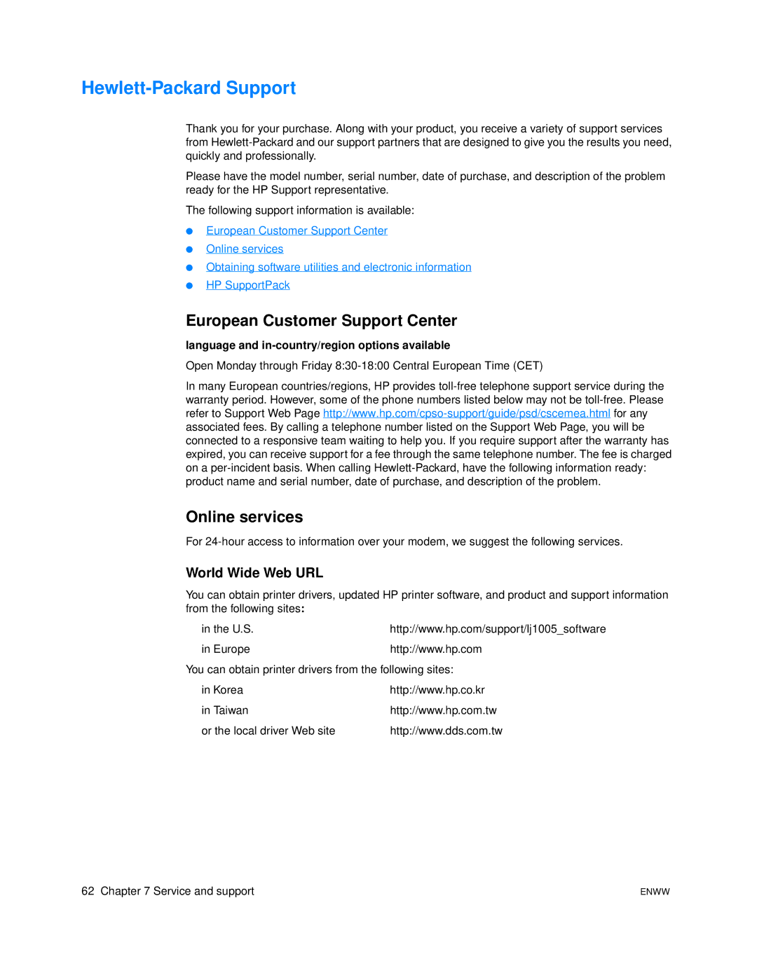 HP 1005 manual Hewlett-Packard Support, European Customer Support Center, Online services, World Wide Web URL 