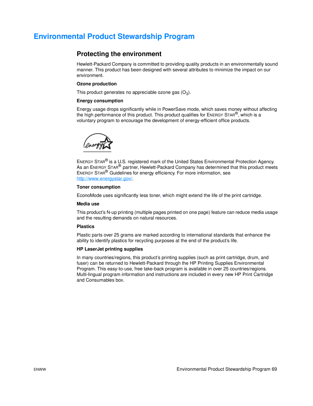 HP 1005 manual Environmental Product Stewardship Program, Protecting the environment 