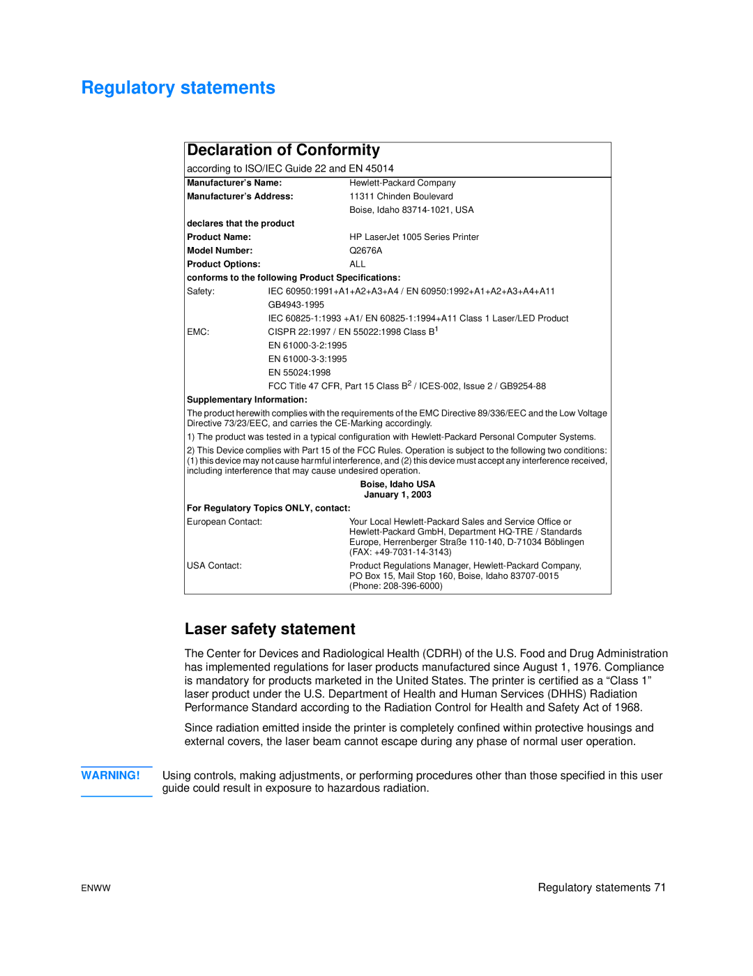 HP 1005 manual Regulatory statements, Declaration of Conformity, Laser safety statement 