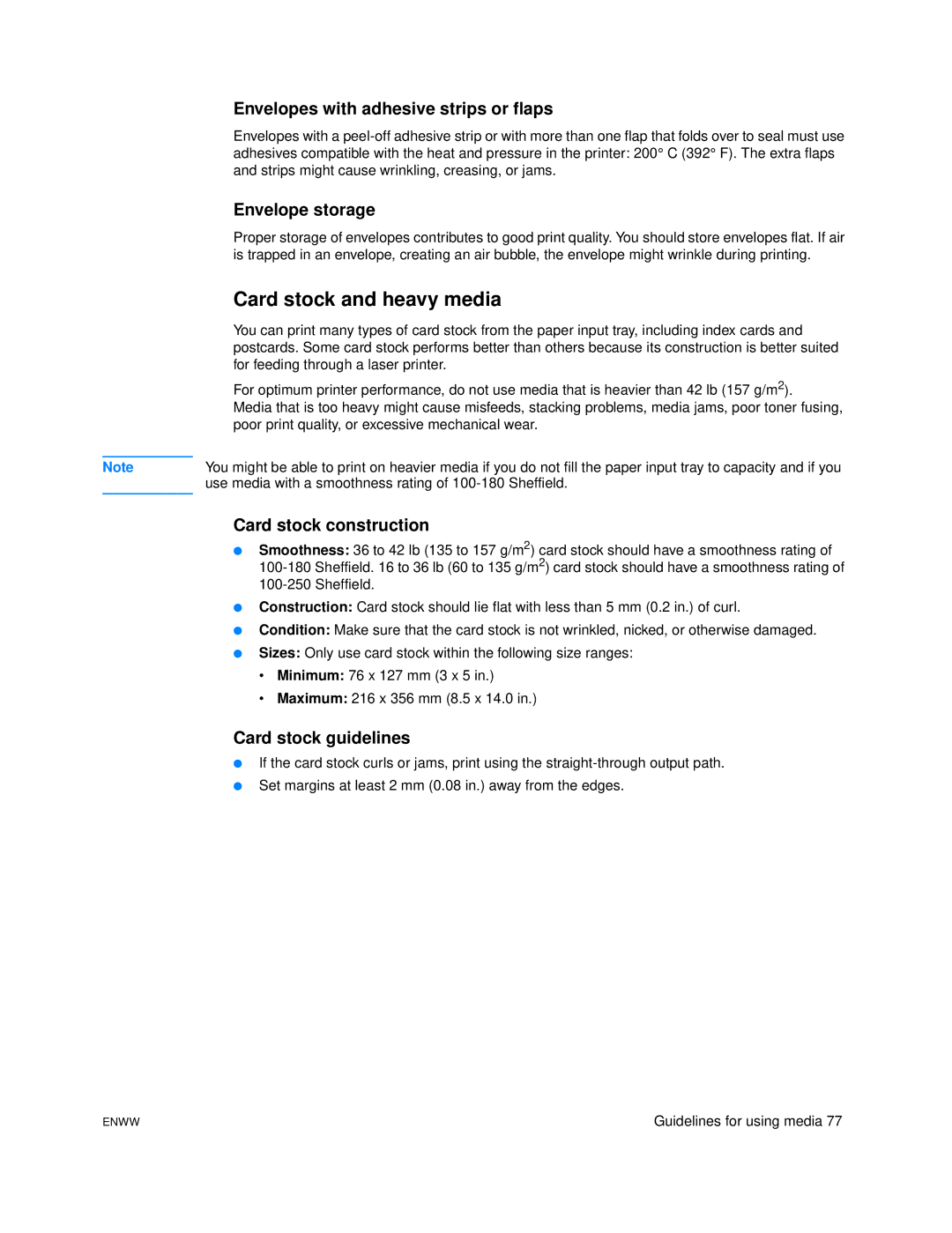 HP 1005 Card stock and heavy media, Envelopes with adhesive strips or flaps, Envelope storage, Card stock construction 