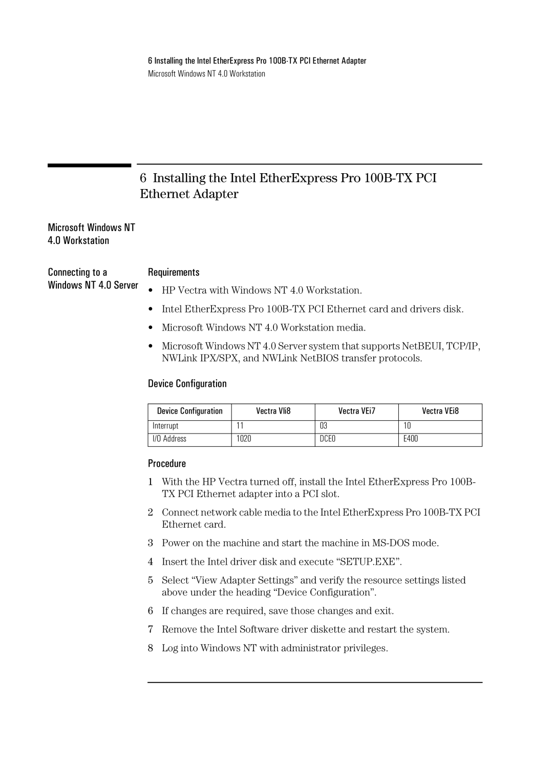 HP 100B-TX manual Connecting to a Windows NT 4.0 Server 