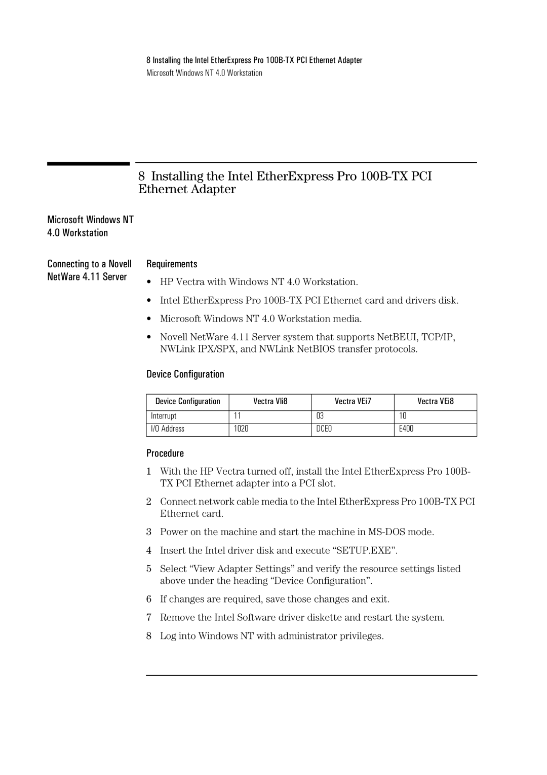 HP 100B-TX manual Connecting to a Novell NetWare 4.11 Server 