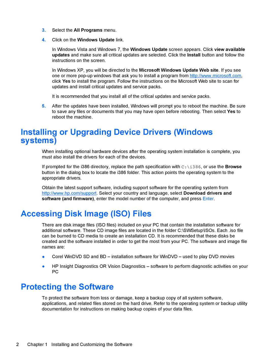 HP 100B Installing or Upgrading Device Drivers Windows systems, Accessing Disk Image ISO Files, Protecting the Software 