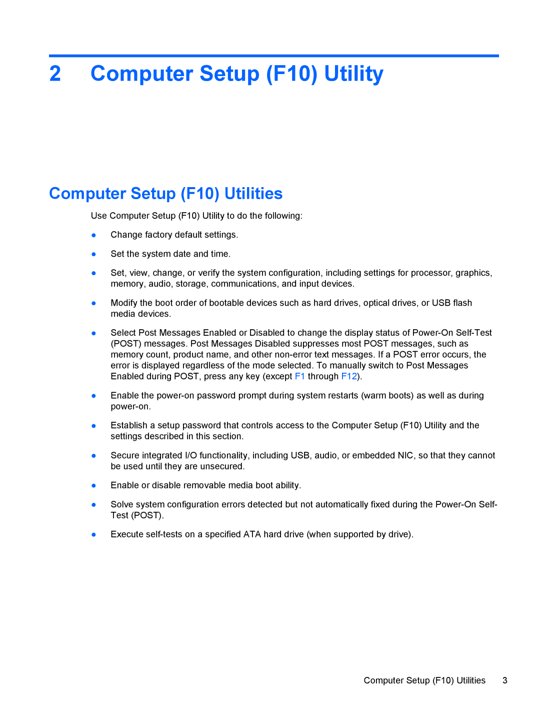 HP 100B manual Computer Setup F10 Utility, Computer Setup F10 Utilities 